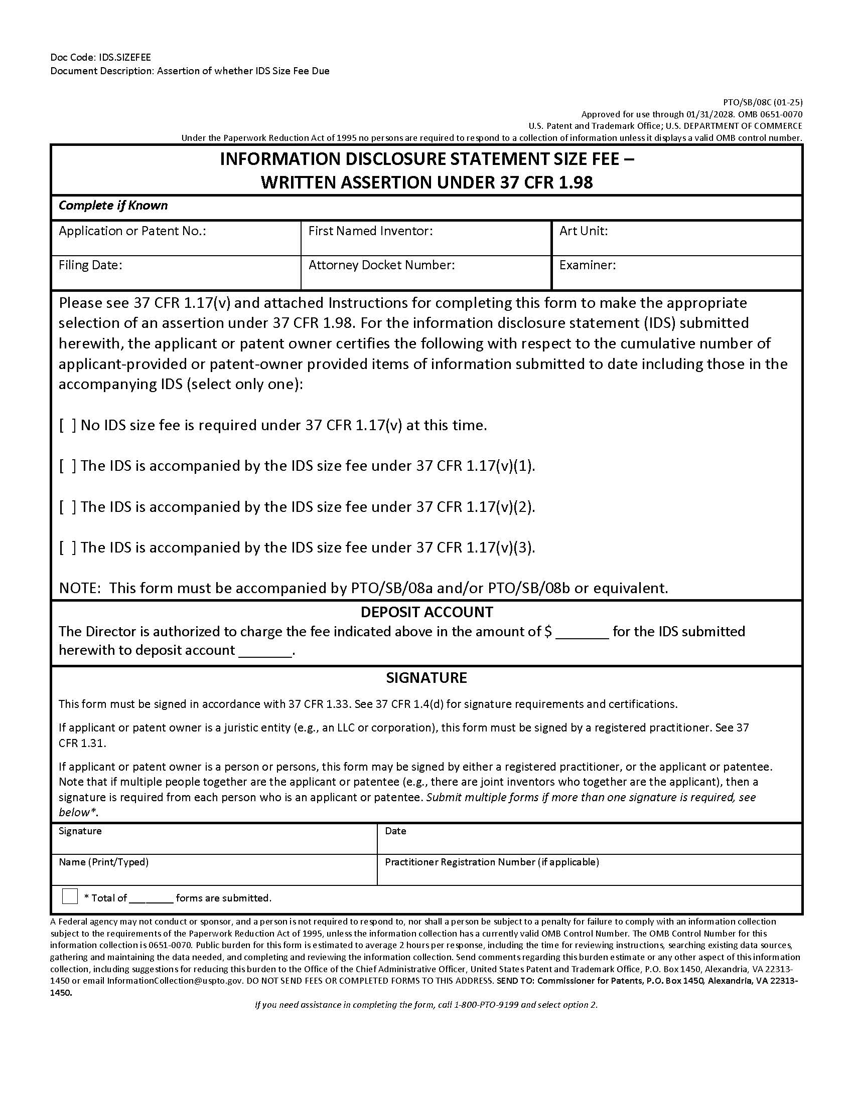 Information Disclosure Statement Size Fee–Written Assertion Under 37 CFR 1.98 {SB-08c} | Pdf Fpdf Docx | Official Federal Forms