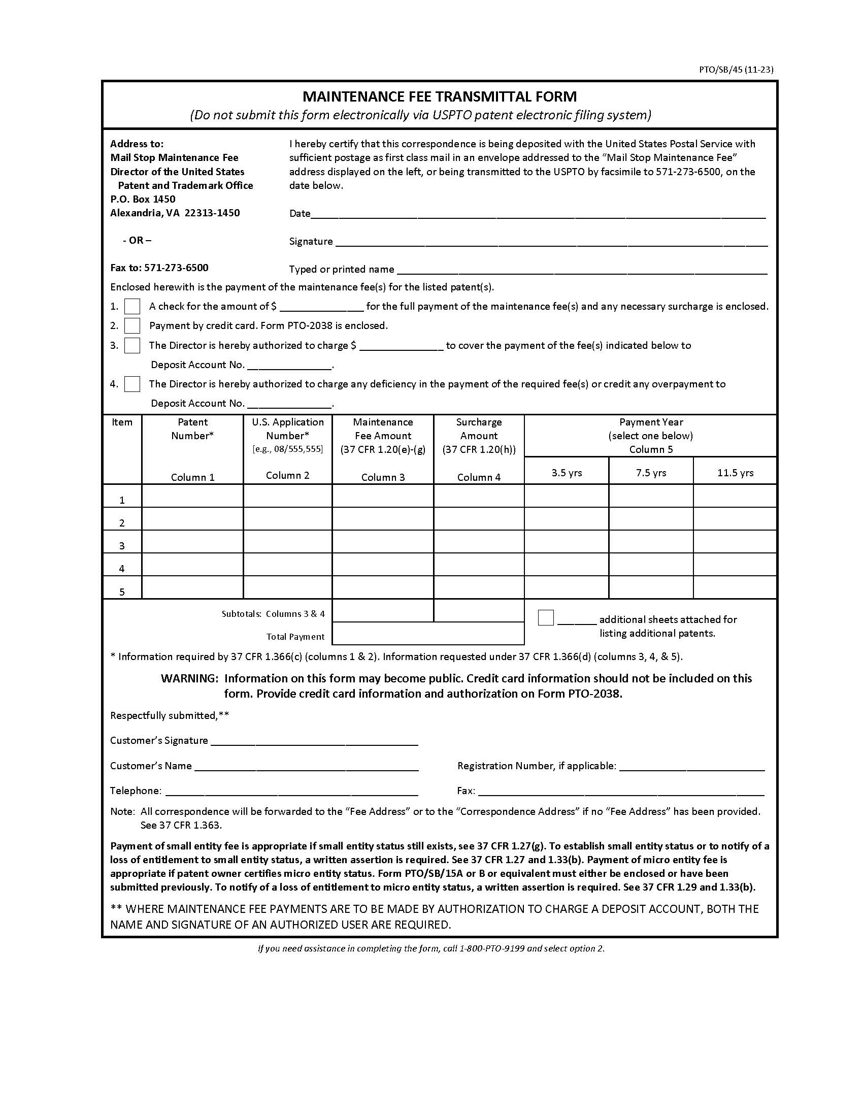 Maintenance Fee Transmittal Form {PTO-SB-45} | Pdf Fpdf Docx | Official Federal Forms