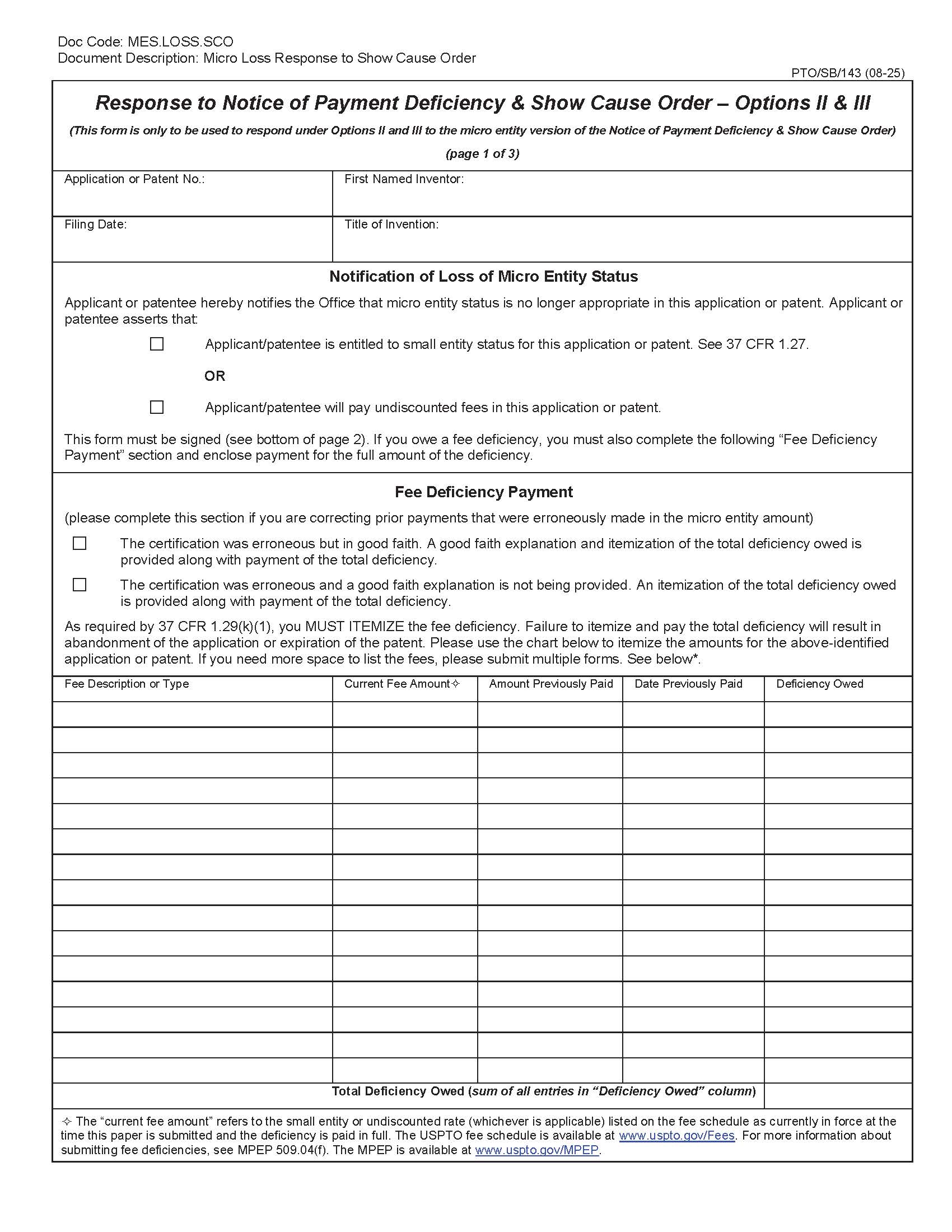 Micro Entity-Response To Notice Of Payment Deficiency And Show Cause Order {PTO-SB-143} | Pdf Fpdf Docx | Official Federal Forms