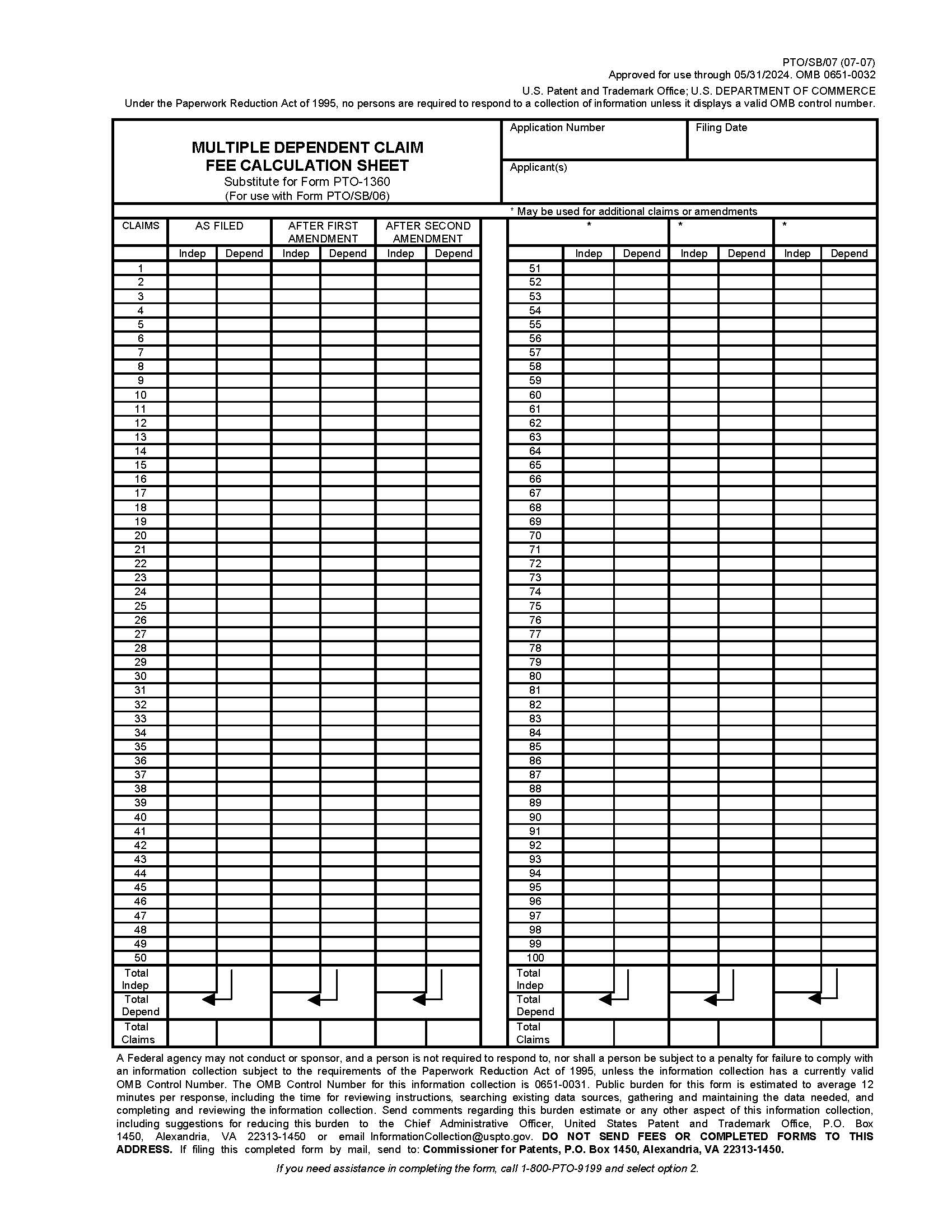 Multiple Dependent Claim Fee Calculation Sheet {PTO-SB-07} | Pdf Fpdf Doc Docx | Official Federal Forms