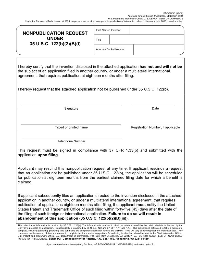 Nonpublication Request Under 35 USC 122(b)(2)(B)(i) {PTO-SB-35} | Pdf Fpdf Doc Docx | Official Federal Forms