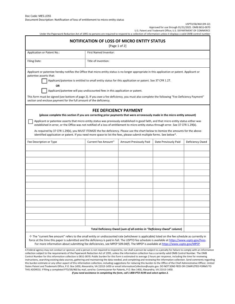 Notification Of Loss Of Micro Entity Status {PTO-SB-460} | Pdf Fpdf Docx | Official Federal Forms