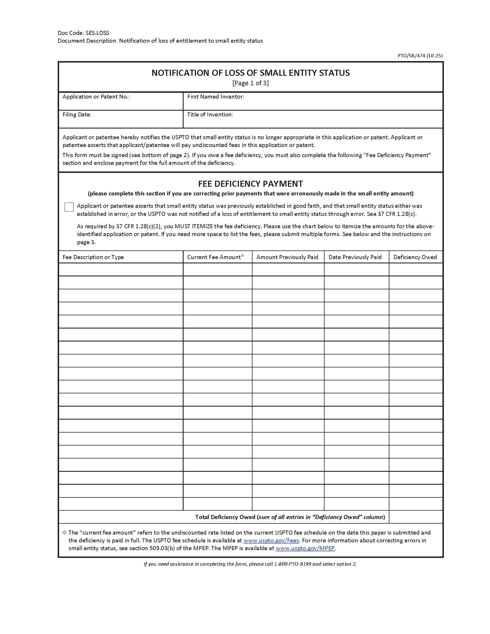 Notification Of Loss Of Small Entity Status {PTO-SB-474} | Pdf Fpdf Docx | Official Federal Forms