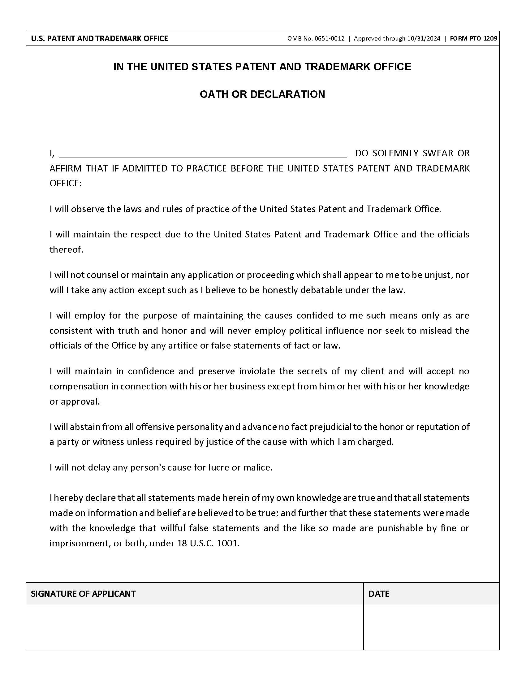 Oath Or Affirmation {PTO-1209} | Pdf Fpdf Doc Docx | Official Federal Forms