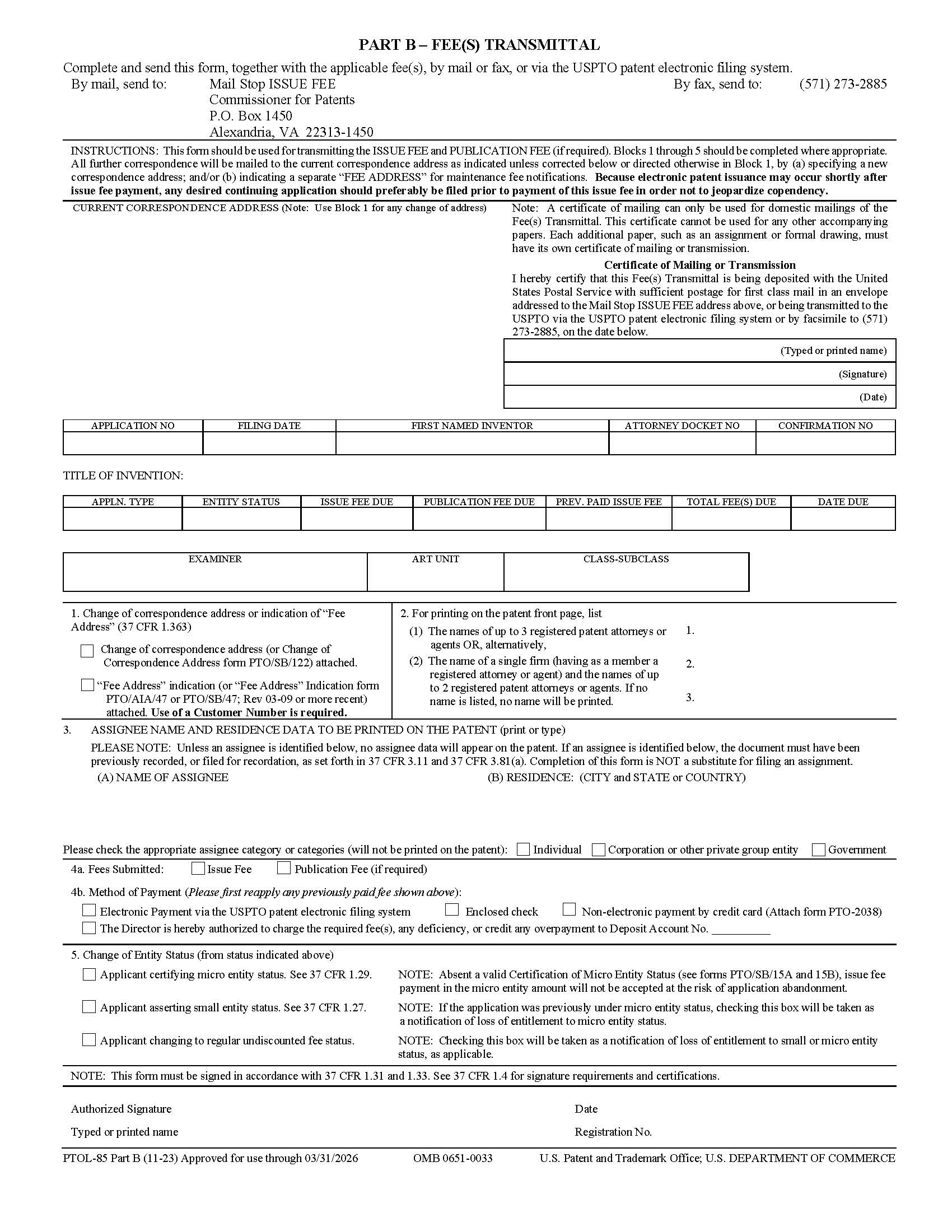 Part B Fee(s) Transmittal (Micro Entity) {PTOL-85B} | Pdf Fpdf Docx | Official Federal Forms
