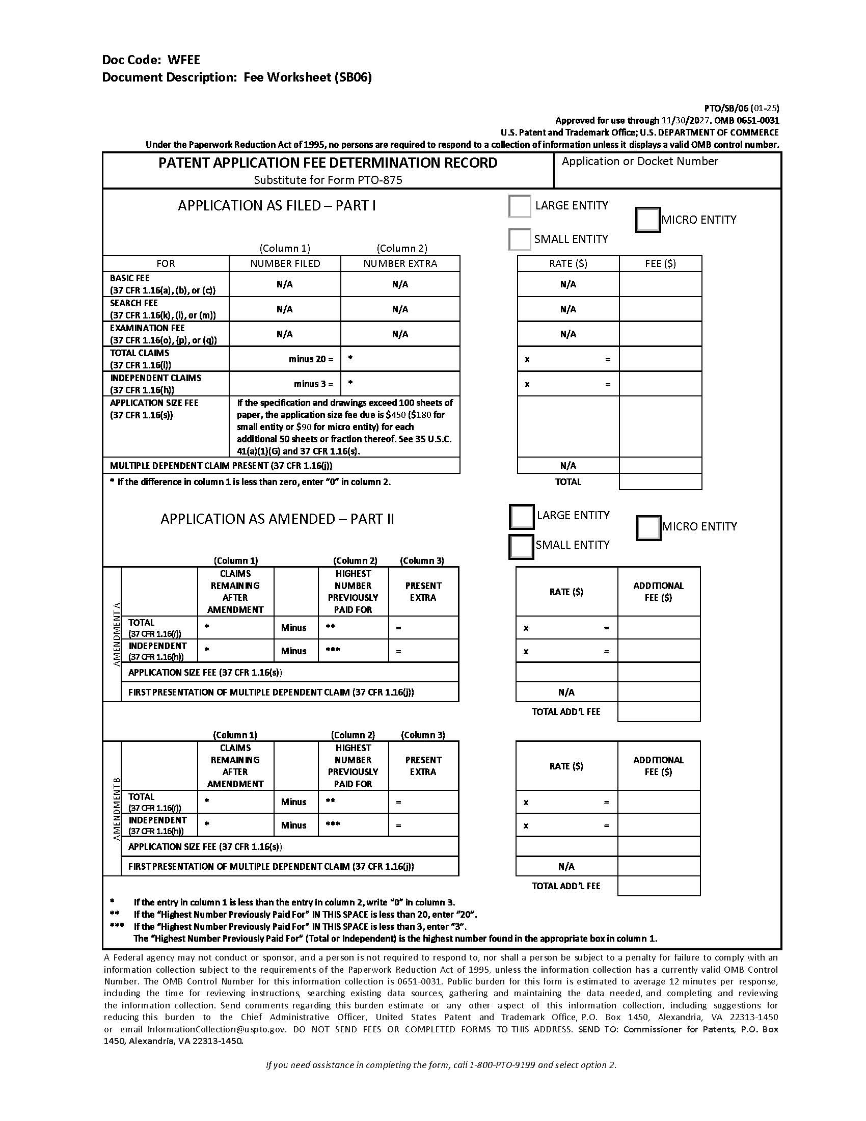 Patent Application Fee Determination Record {PTO-SB-06} | Pdf Fpdf Doc Docx | Official Federal Forms