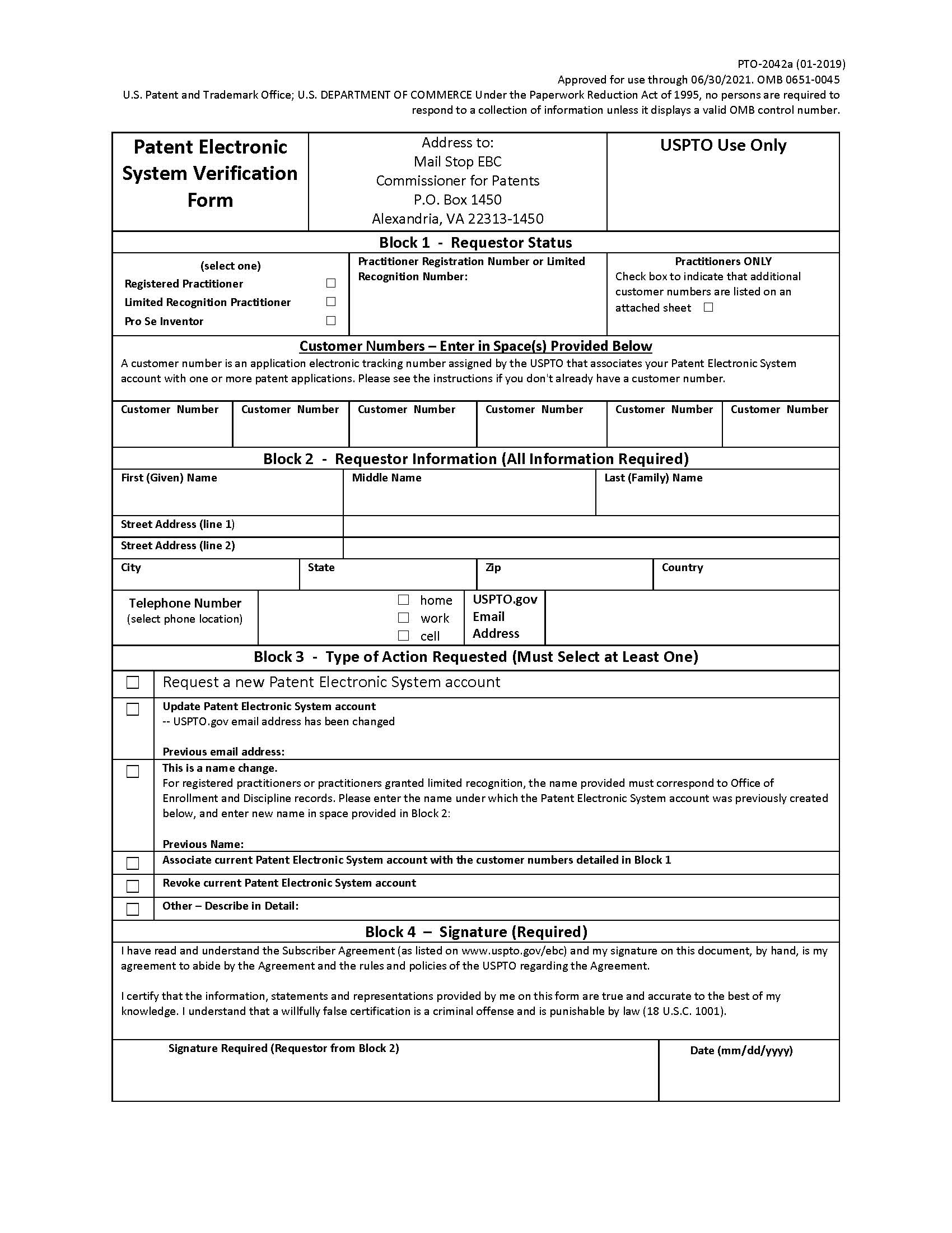 Patent Electronic Verification Form {PTO-2042a} | Pdf Fpdf Docx | Official Federal Forms