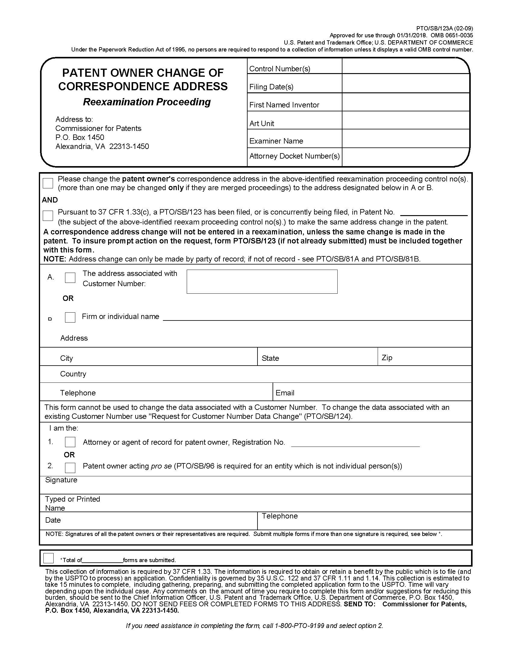 Patent Owner Change Of Correspondence Address-Reexamination Proceeding {PTO-SB-123A} | Pdf Fpdf Doc Docx | Official Federal Forms