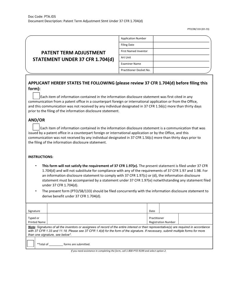 Patent Term Adjustment Statement Under 37 CFR 1.704(d) {PTO-SB-133} | Pdf Fpdf Docx | Official Federal Forms
