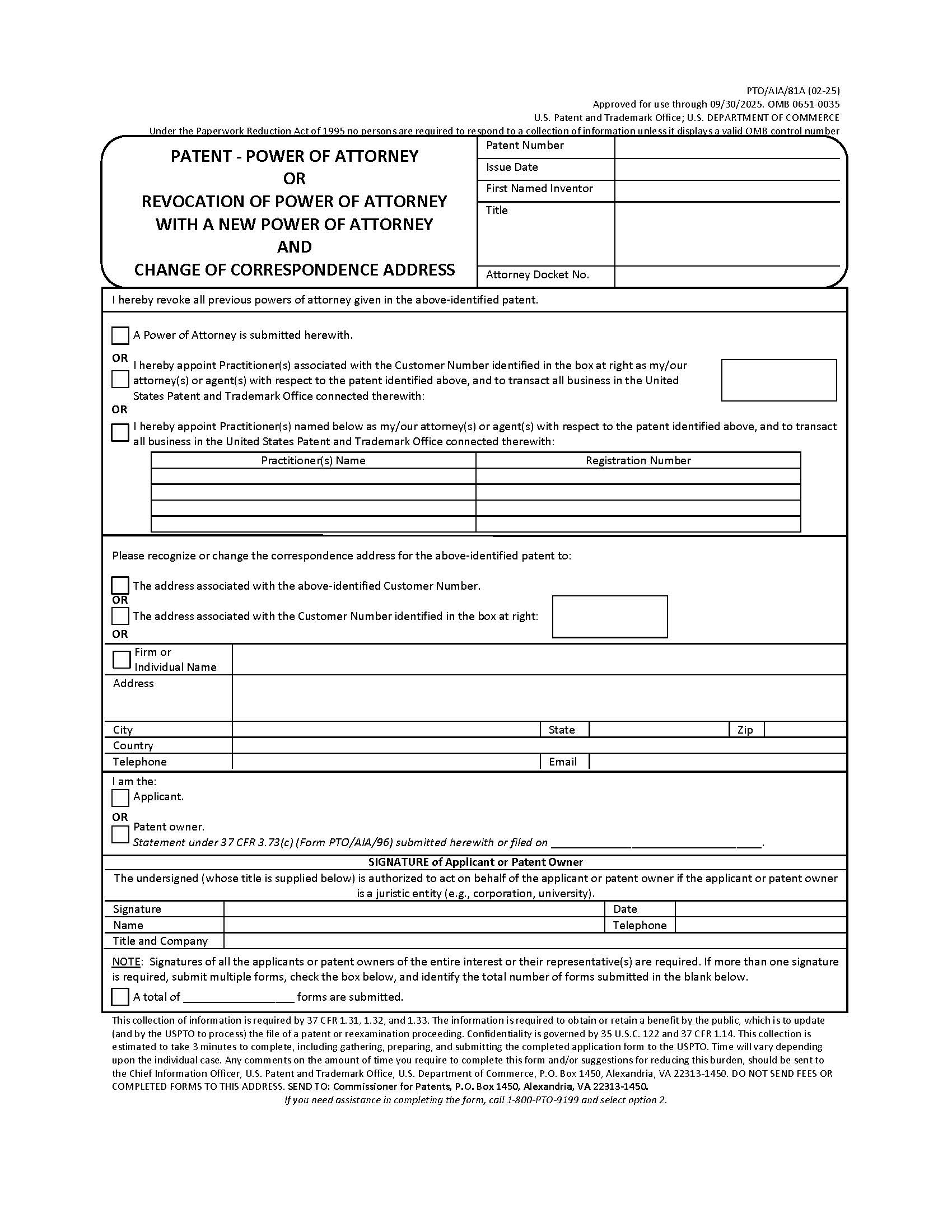 Patent-Power Of Attorney Or Revocation Of Power Of Attorney {PTO-AIA-81A} | Pdf Fpdf Docx | Official Federal Forms