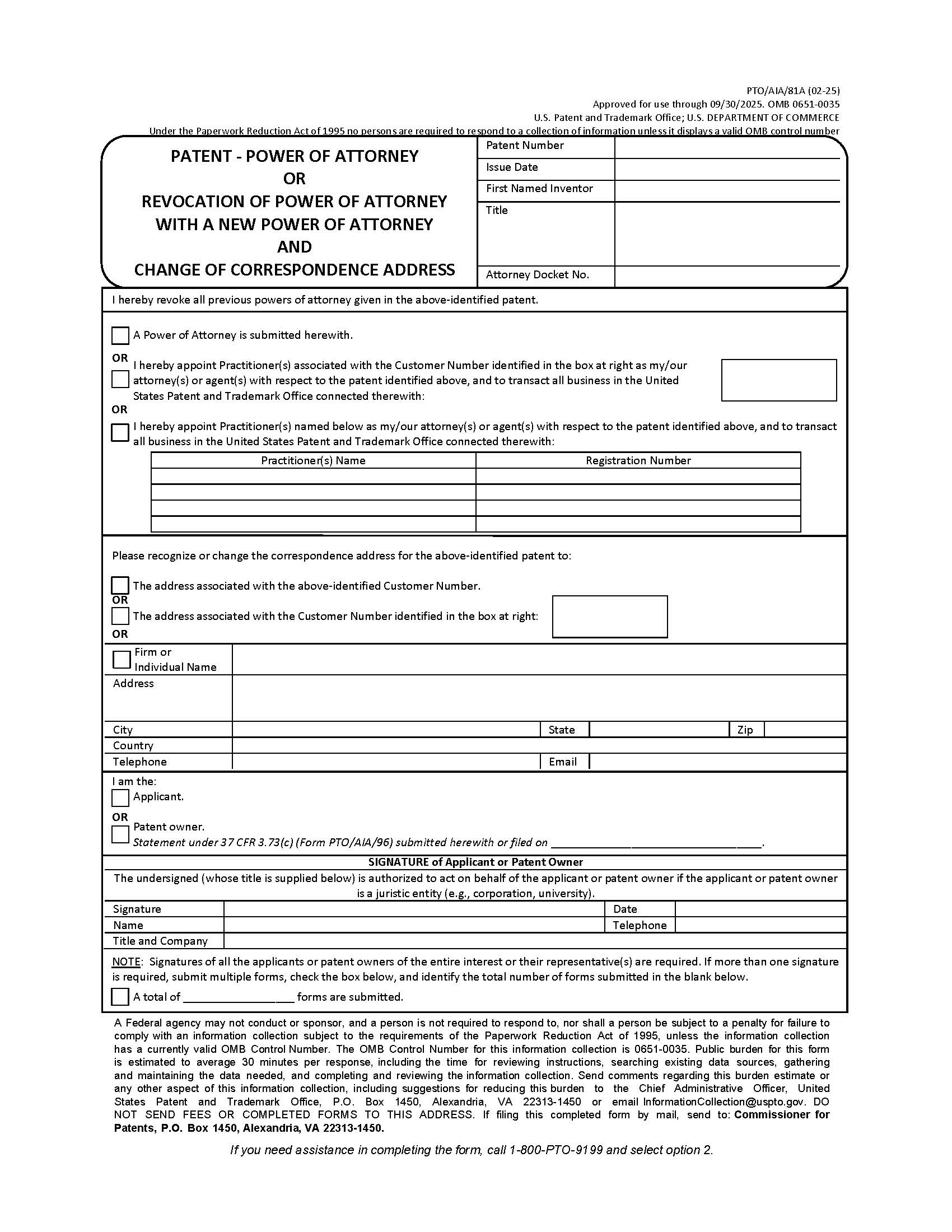 Patent-Power Of Attorney Or Revocation Of Power Of Attorney {PTO-SB-81A} | Pdf Fpdf Docx | Official Federal Forms