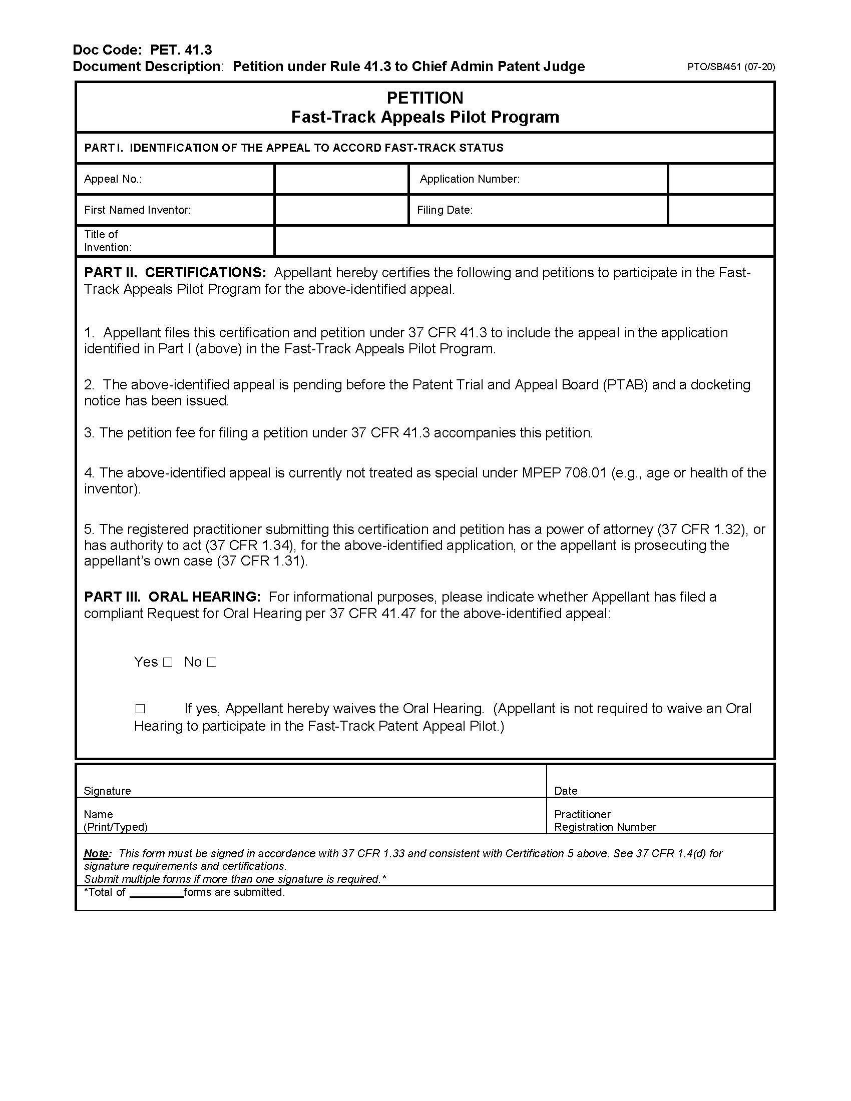 Petition Fast-Track Appeals Pilot Program {PTO-SB-451} | Pdf Fpdf Docx | Official Federal Forms