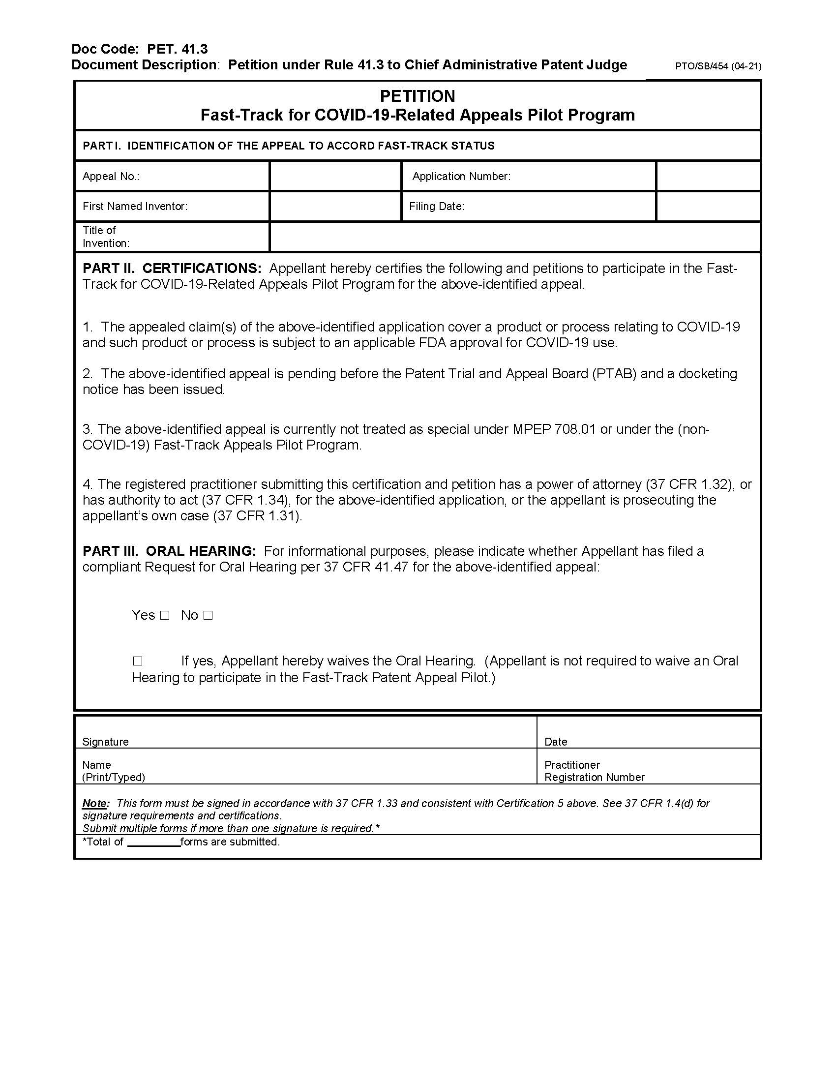 Petition Fast-Track For COVID-19-Related Appeals Pilot Program {PTO-SB-454} | Pdf Fpdf Docx | Official Federal Forms
