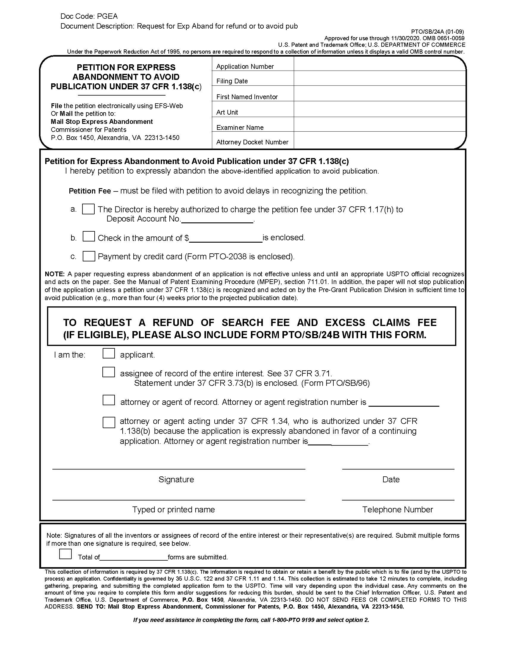 Petition For Express Abandonment To Avoid Publication (Filed Before 9-16-12) {PTO-SB-24A} | Pdf Fpdf Doc Docx | Official Federal Forms