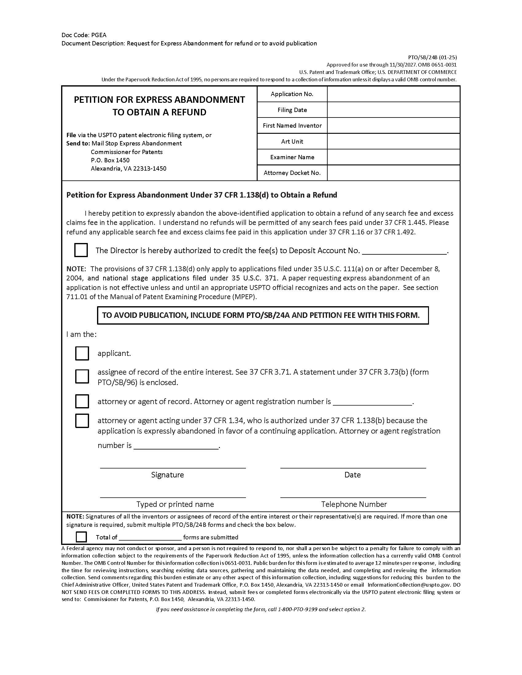 Petition For Express Abandonment To Obtain A Refund {PTO-SB-24B} | Pdf Fpdf Doc Docx | Official Federal Forms