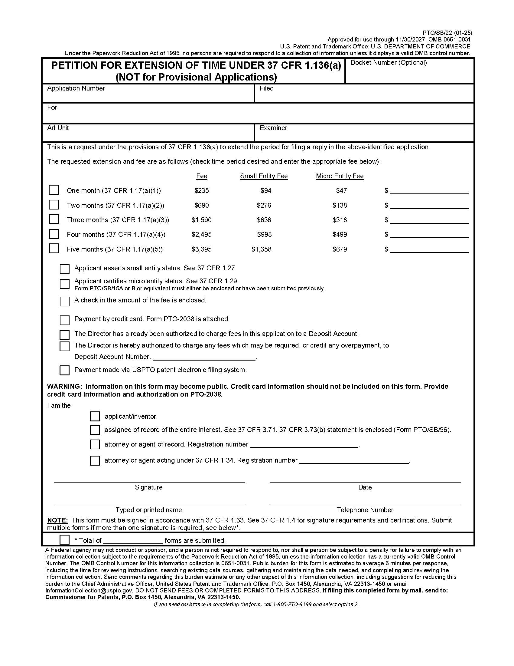 Petition For Extension Of Time Under 37 CFR 1.136(a) {PTO-SB-22} | Pdf Fpdf Doc Docx | Official Federal Forms
