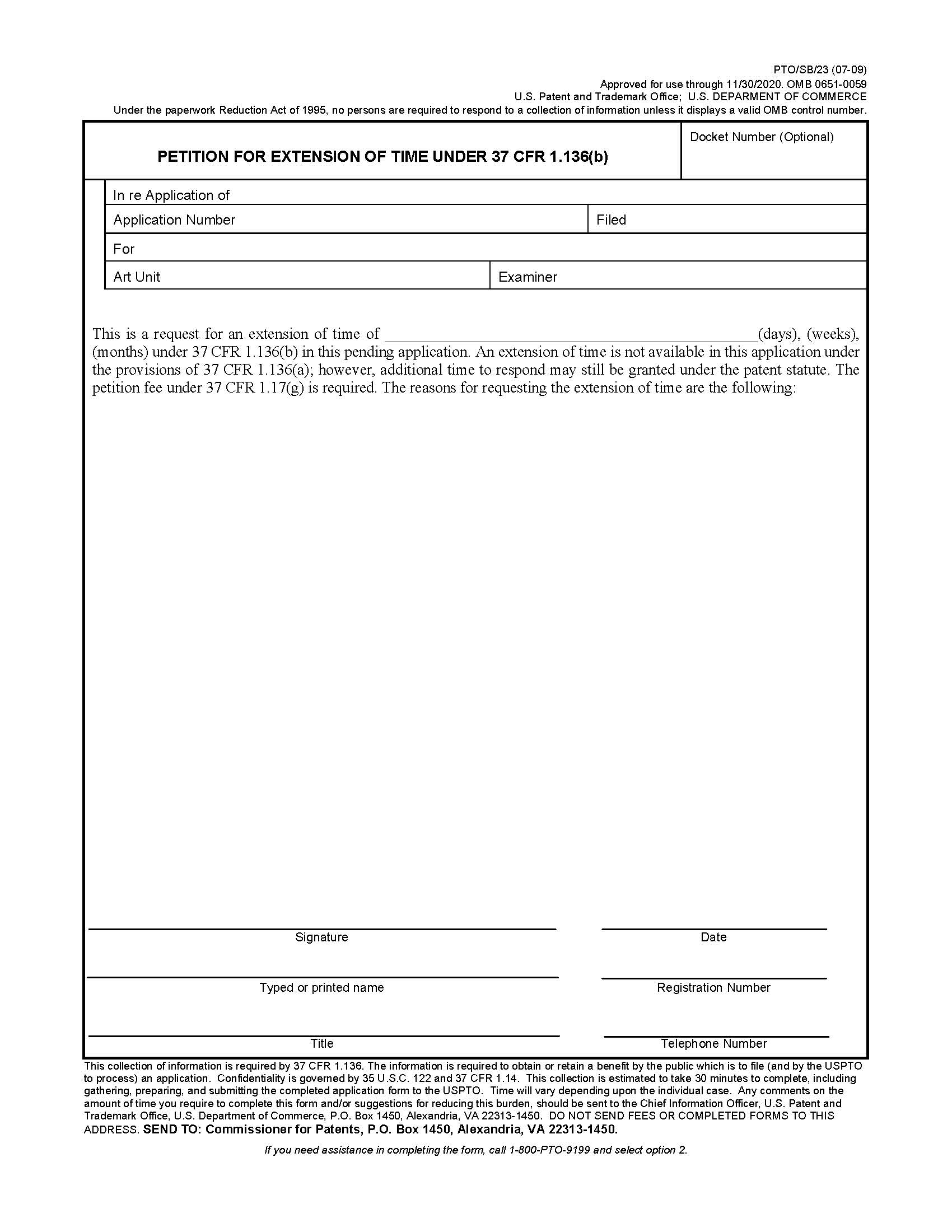 Petition For Extension Of Time Under 37 CFR 1.136(b) {PTO-SB-23} | Pdf Fpdf Doc Docx | Official Federal Forms