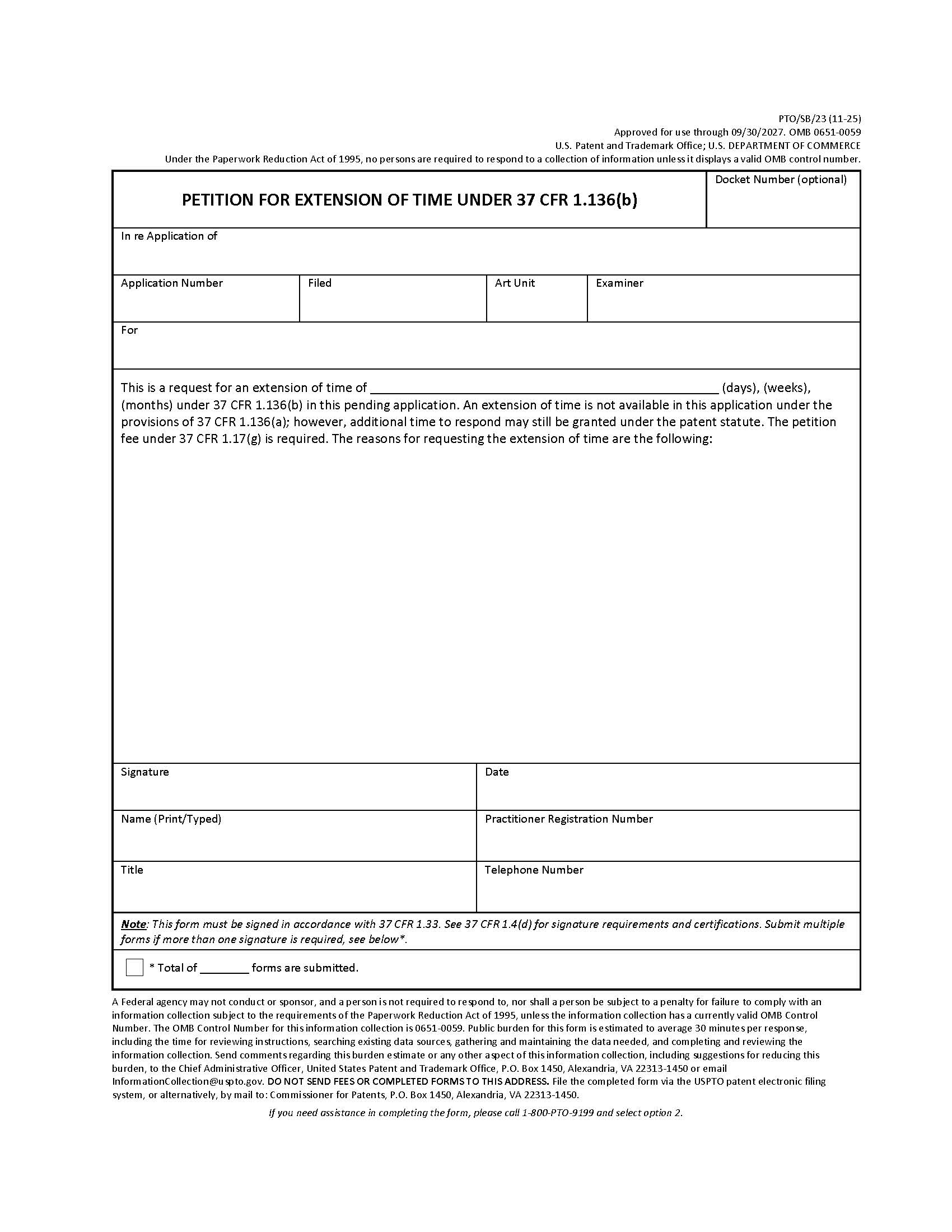 Petition For Extension Of Time Under 37 CFR 1.136(b) {PTO-SB-23} | Pdf Fpdf Doc Docx | Official Federal Forms