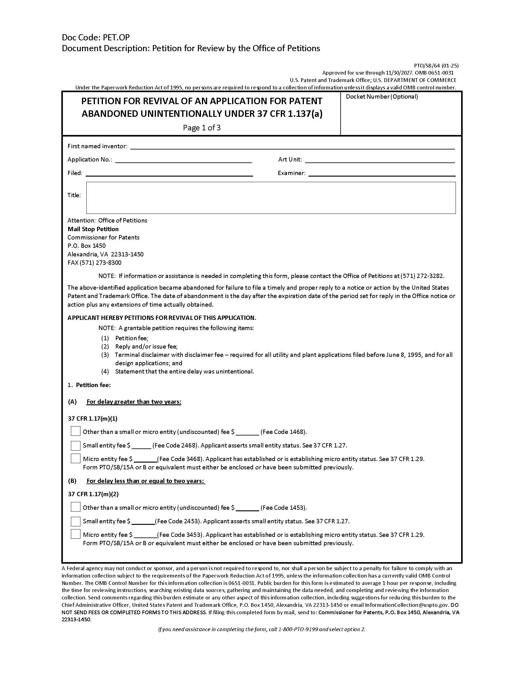 Petition For Revival Of An Application For Patent Abandoned Unintentionally Under 37 CFR 1.137(a) {PTO-SB-64} | Pdf Fpdf Doc Docx | Official Federal Forms