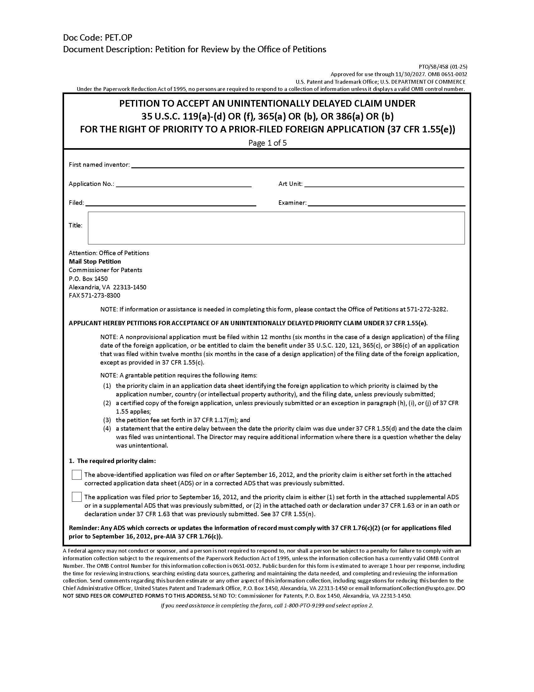 Petition To Accept An Unintentionally Delayed Claim Under 35 USC 119(a)-(d) {PTO-SB-458} | Pdf Fpdf Docx | Official Federal Forms