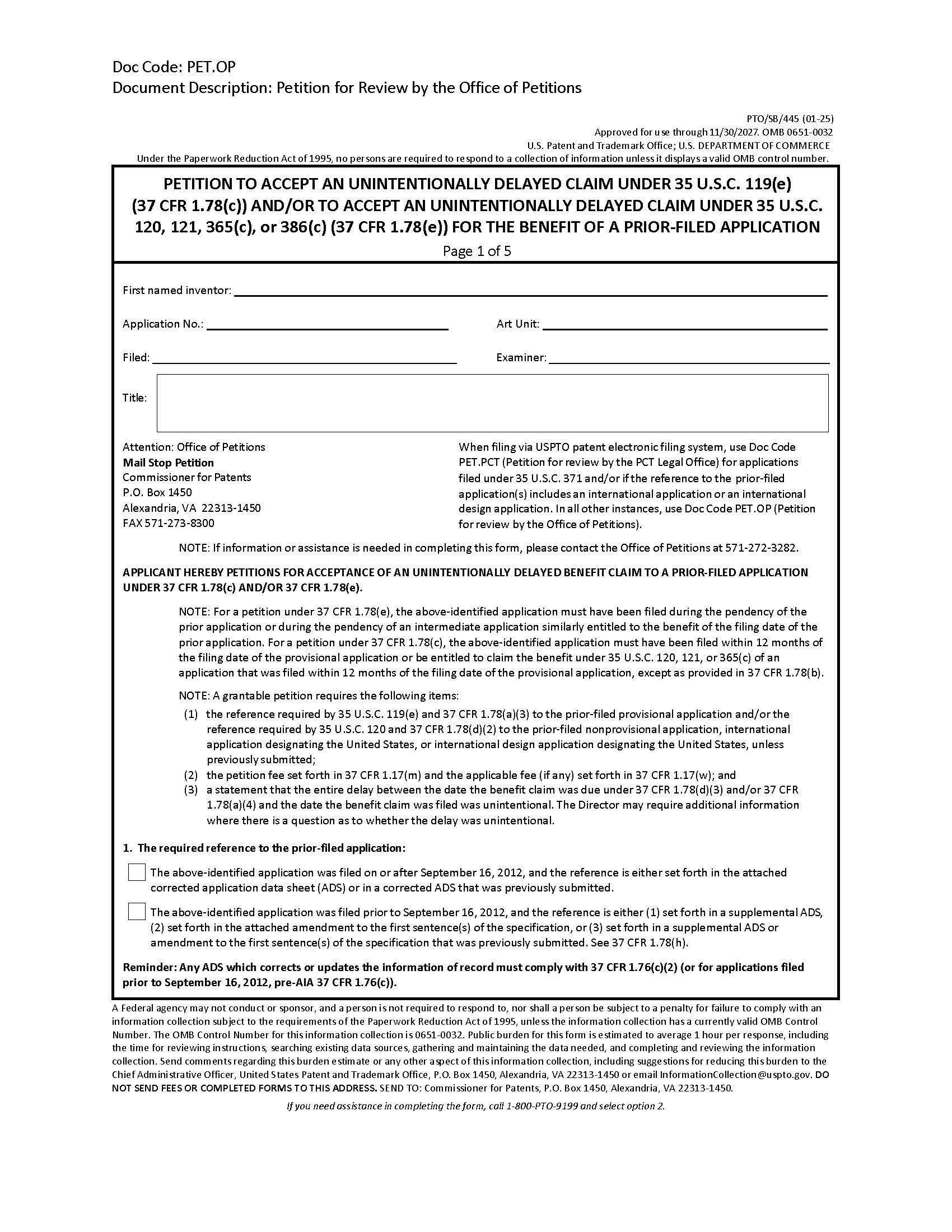 Petition To Accept An Unintentionally Delayed Claim Under 35 USC 119(e) {PTO-SB-445} | Pdf Fpdf Docx | Official Federal Forms