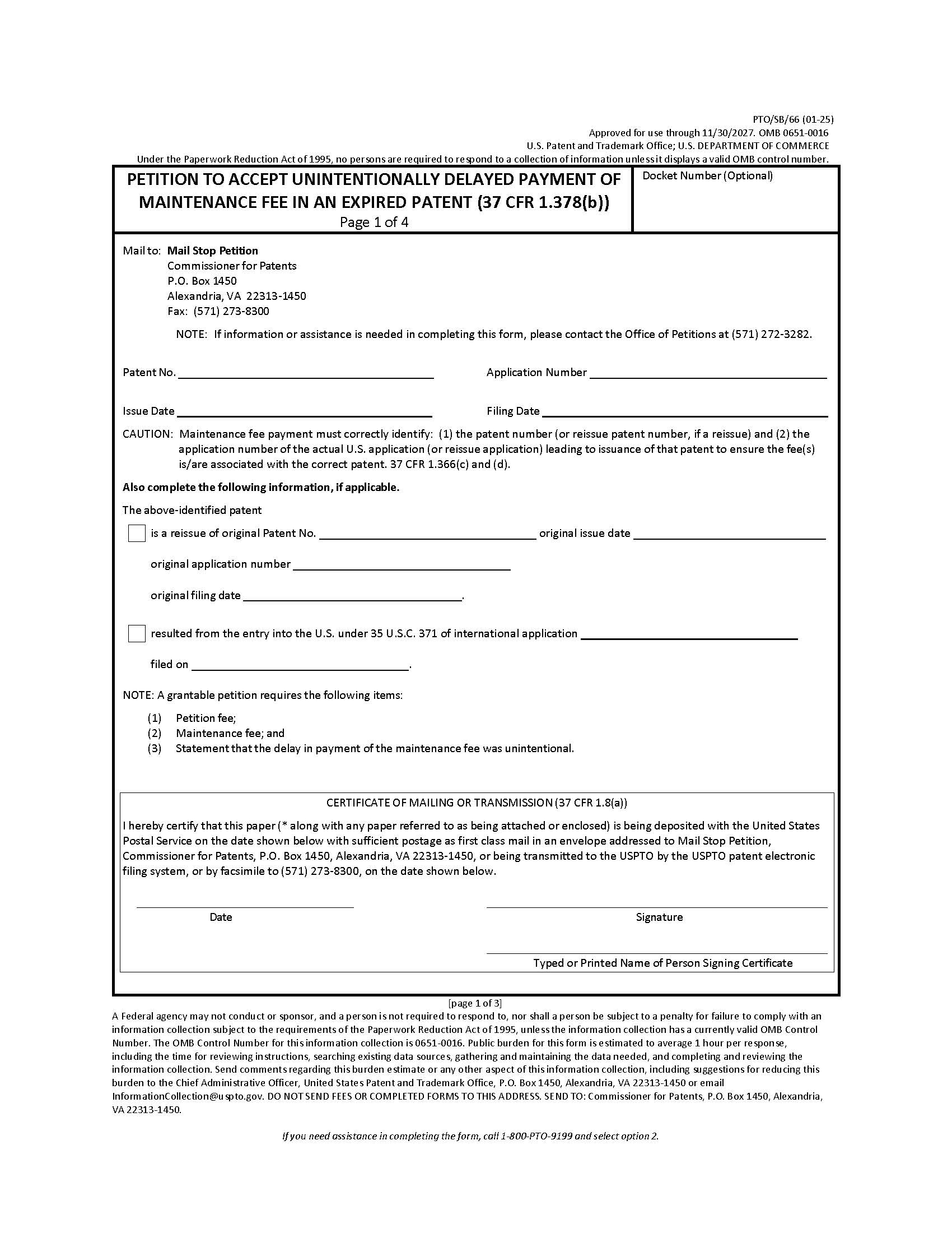 Petition To Accept Unintentionally Delayed Payment Of Maintenance Fee In Expired Patent 37 CFR 1.378(c) {PTO-SB-66} | Pdf Fpdf Docx | Official Federal Forms