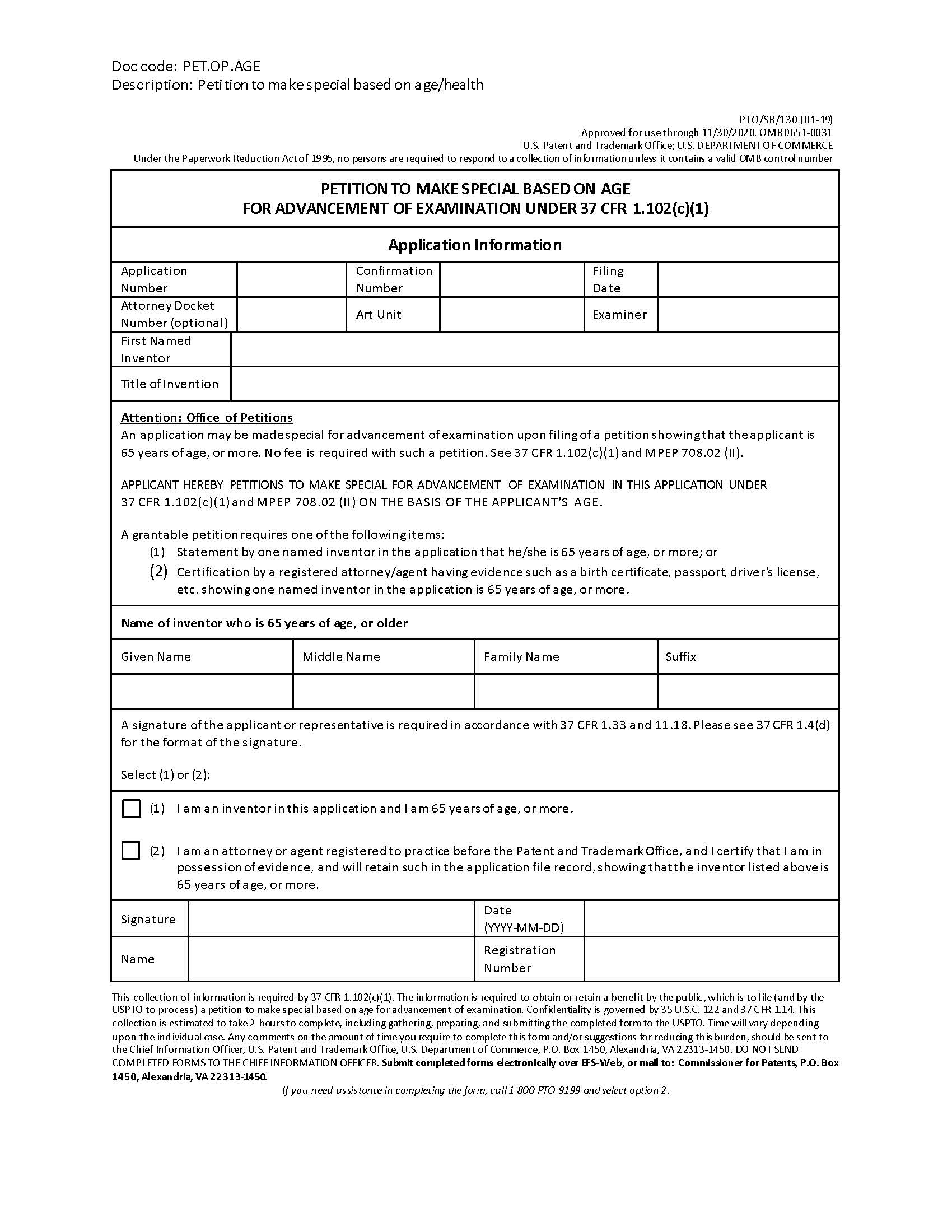 Petition To Make Special Based On Age For Advancement Of Examination {PTO-SB-130} | Pdf Fpdf Docx | Official Federal Forms