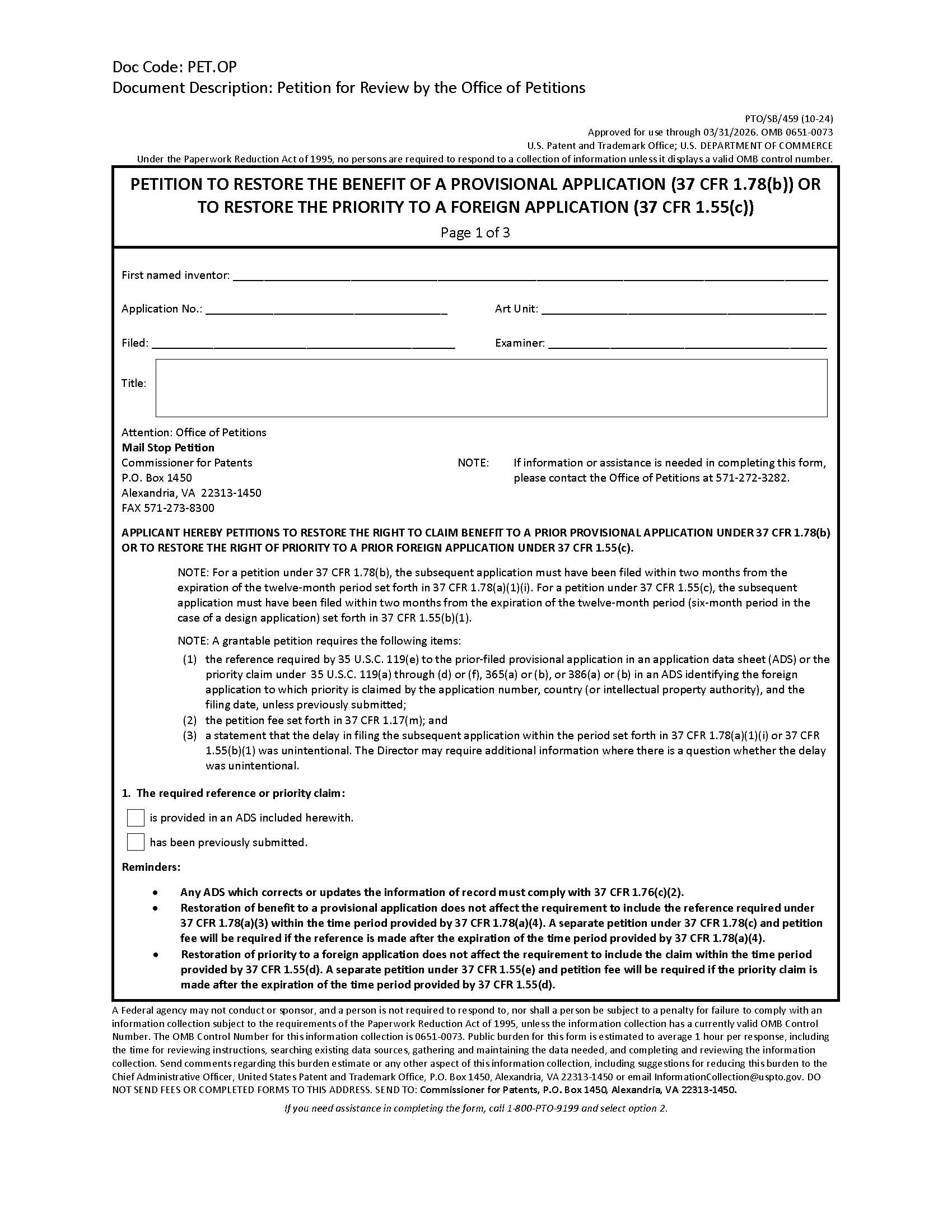 Petition To Restore The Benefit Of A Provisional Application (37 CFR 1.78(b)) {PTO-SB-459} | Pdf Fpdf Docx | Official Federal Forms