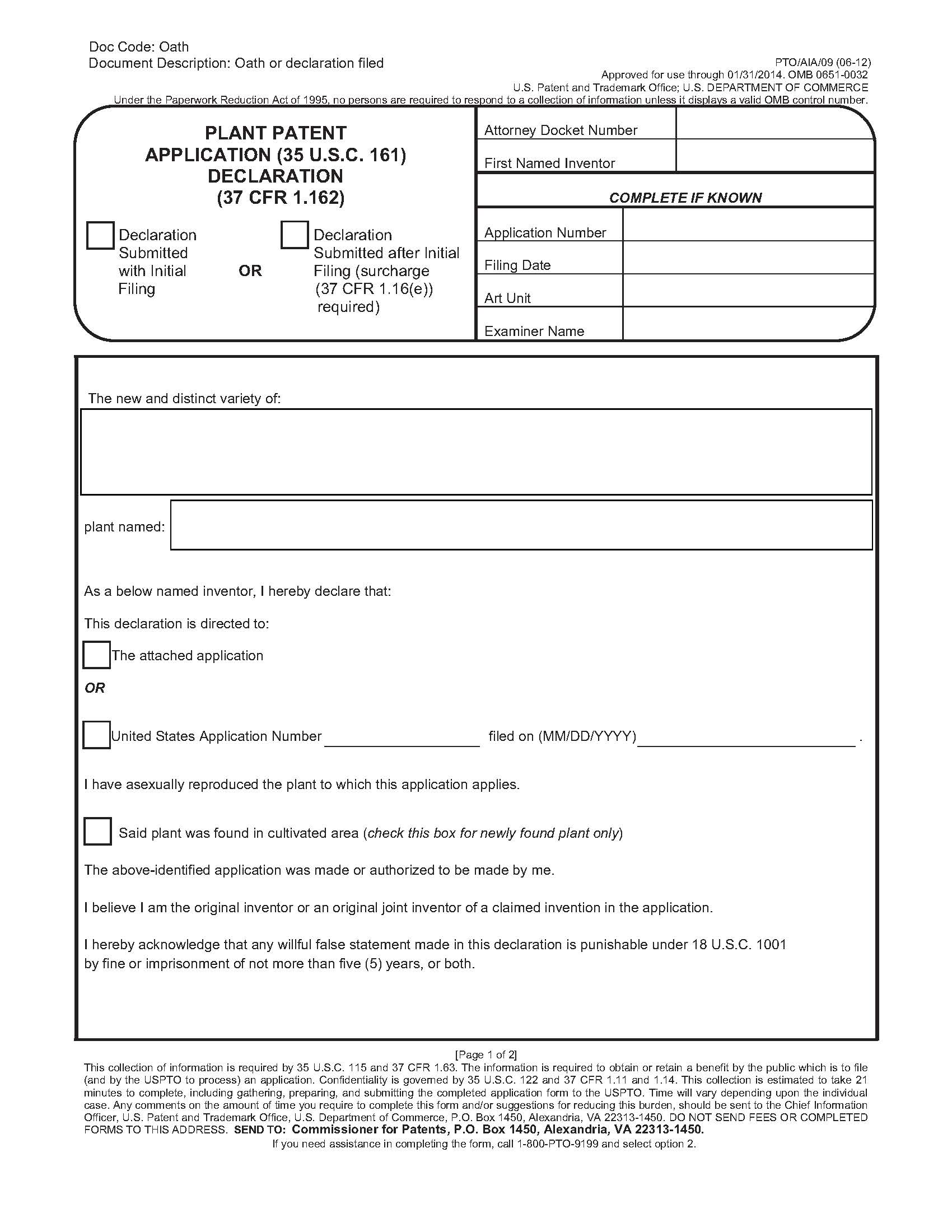 Plant Patent Application (35 U.S.C. 161) Declaration (37 CFR 1.162) {PTO-AIA-09} | Pdf Fpdf Doc Docx | Official Federal Forms