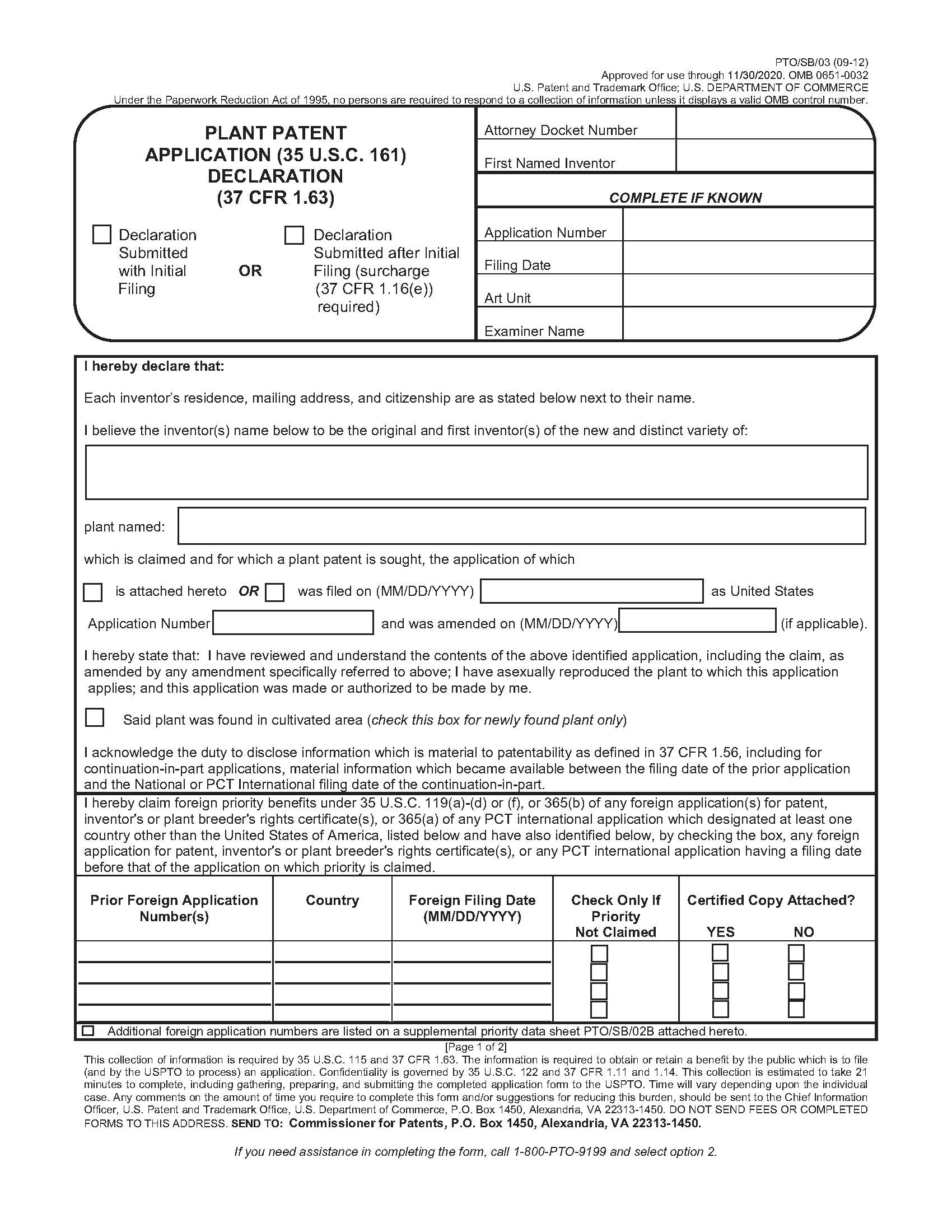 Plant Patent Application (35 USC 161) Declaration (37 CFR 1.63) {PTO-SB-03} | Pdf Fpdf Doc Docx | Official Federal Forms
