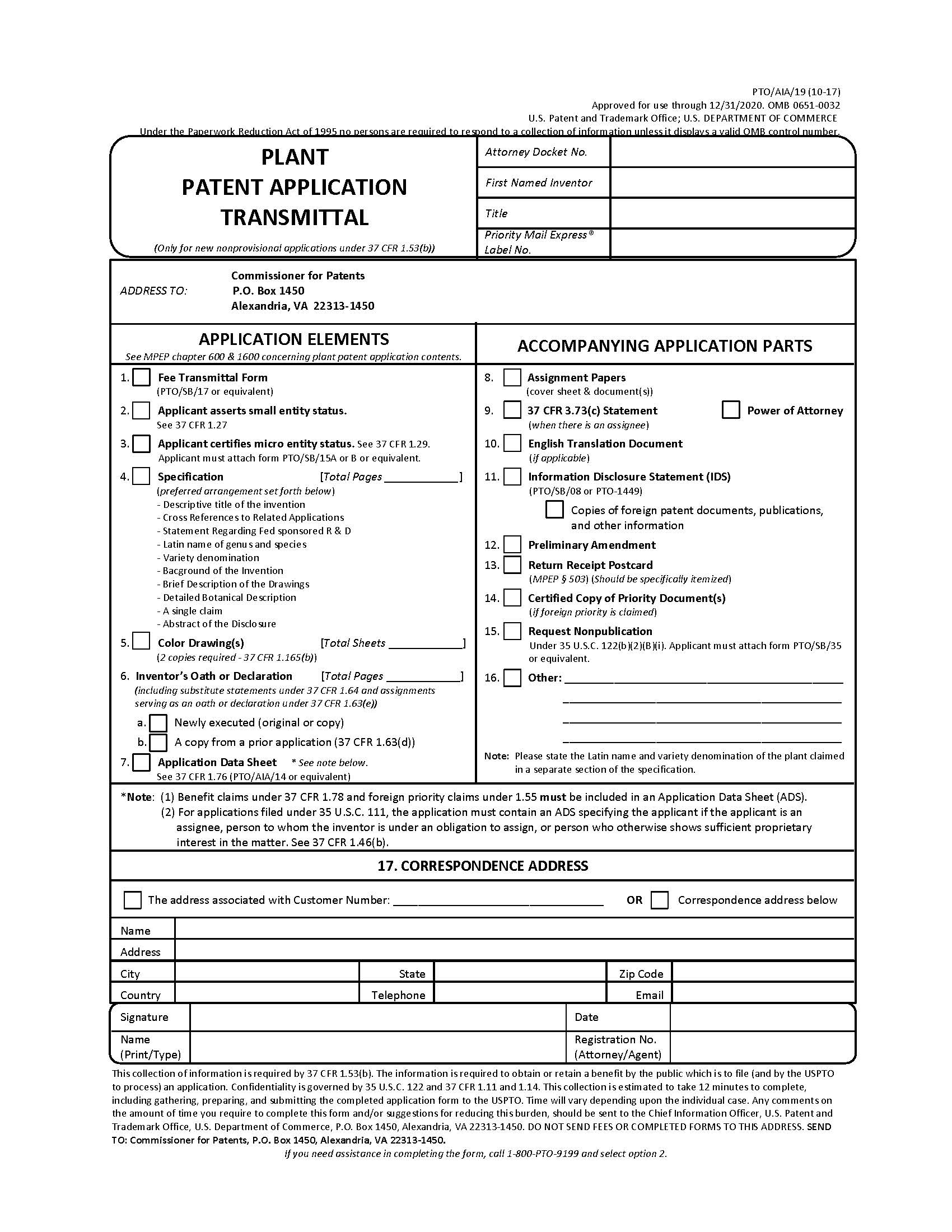 Plant Patent Application Transmittal {PTO-AIA-19} | Pdf Fpdf Doc Docx | Official Federal Forms