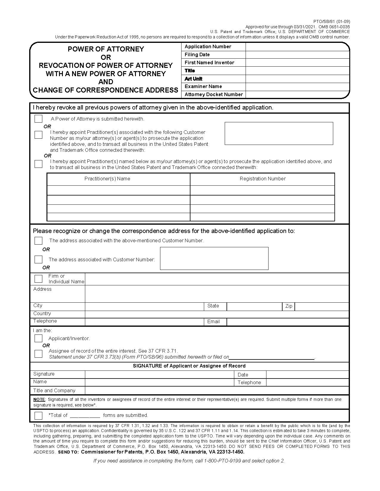 Power Of Attorney Or Revocation Of Power Of Attorney {PTO-SB-81} | Pdf Fpdf Docx | Official Federal Forms