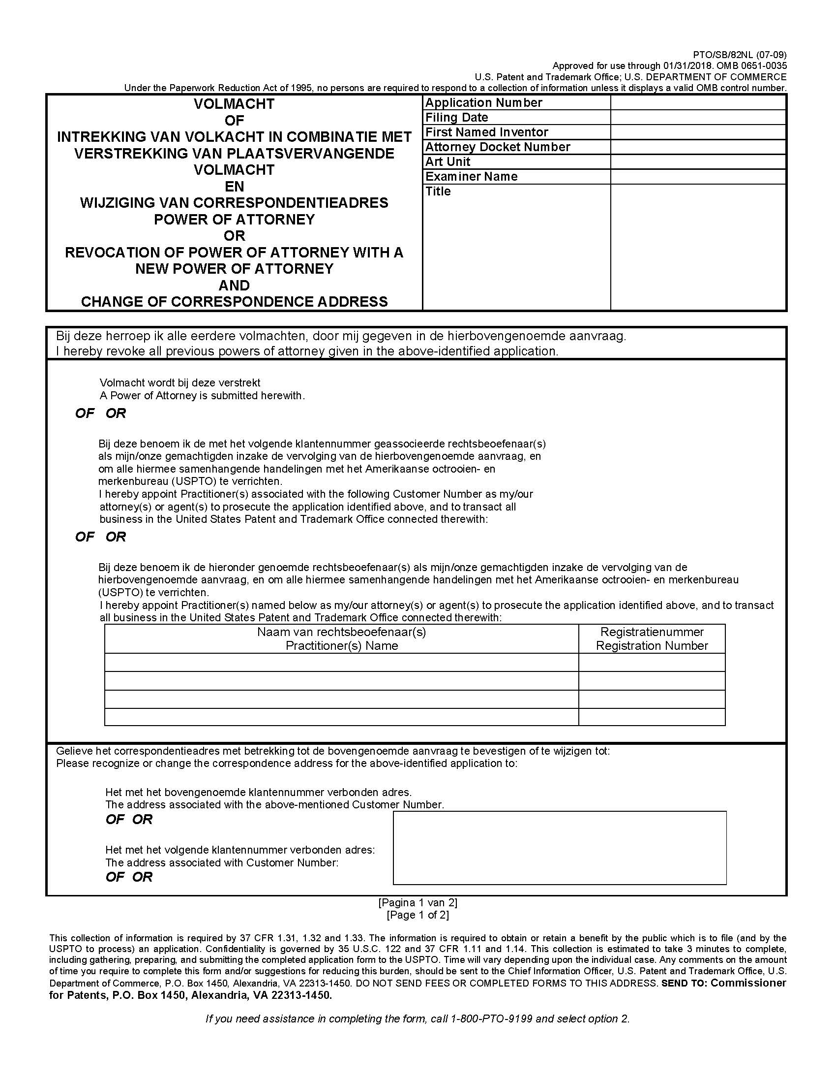 Power Of Attorney Or Revocation Of Power Of Attorney (Dutch) {PTO-SB-82NL} | Pdf Fpdf Doc Docx | Official Federal Forms
