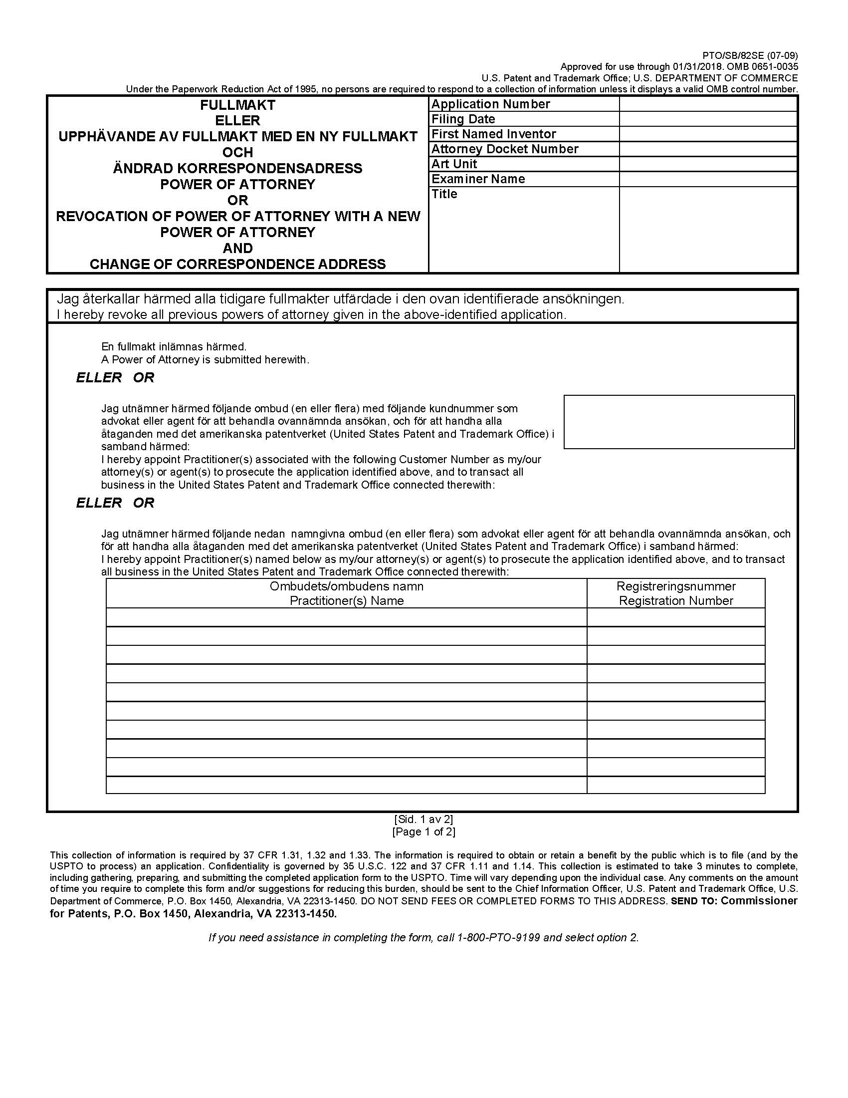 Power Of Attorney Or Revocation Of Power Of Attorney (Swedish) {PTO-SB-82SE} | Pdf Fpdf Doc Docx | Official Federal Forms