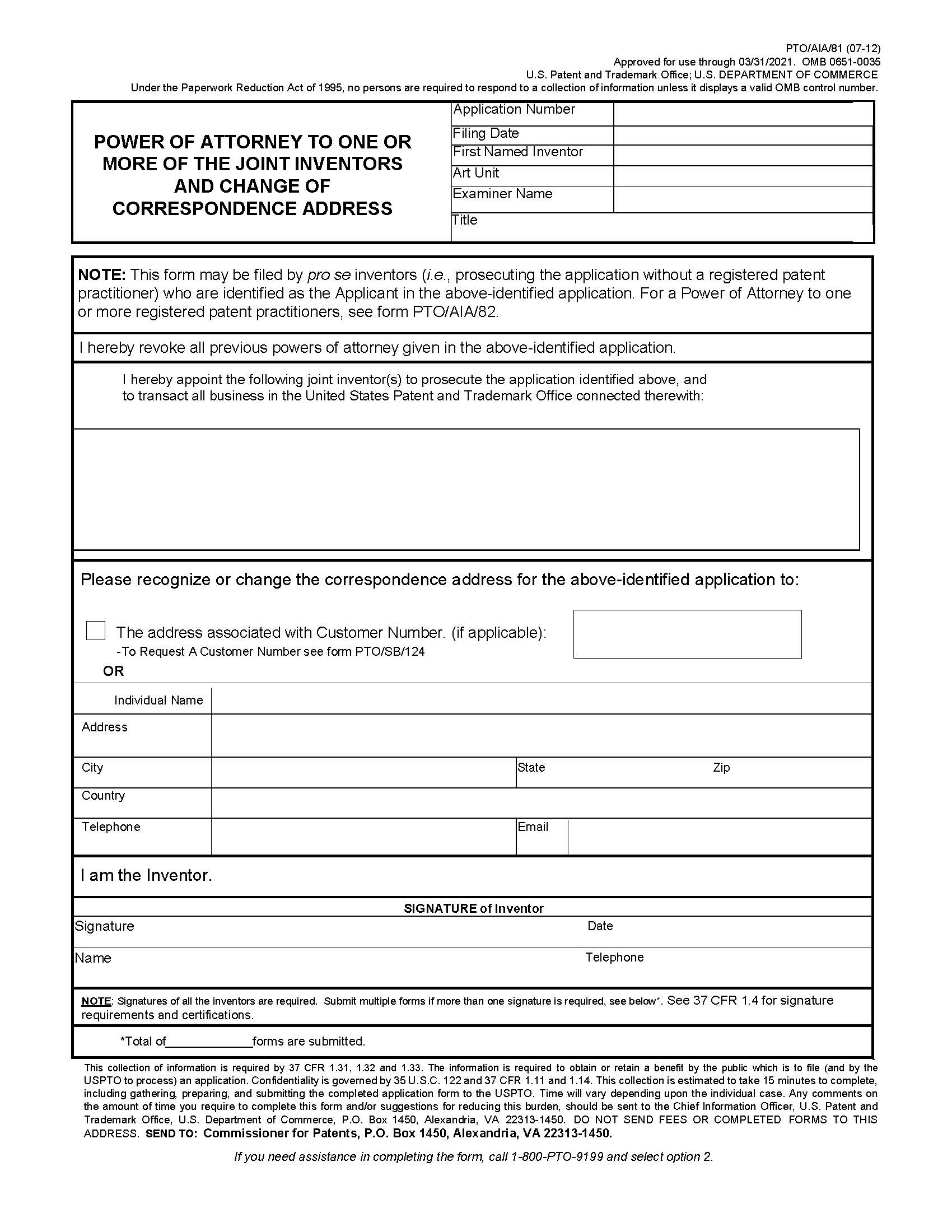 Power Of Attorney To One Or More Of The Joint Inventors {PTO-AIA-81} | Pdf Fpdf Docx | Official Federal Forms