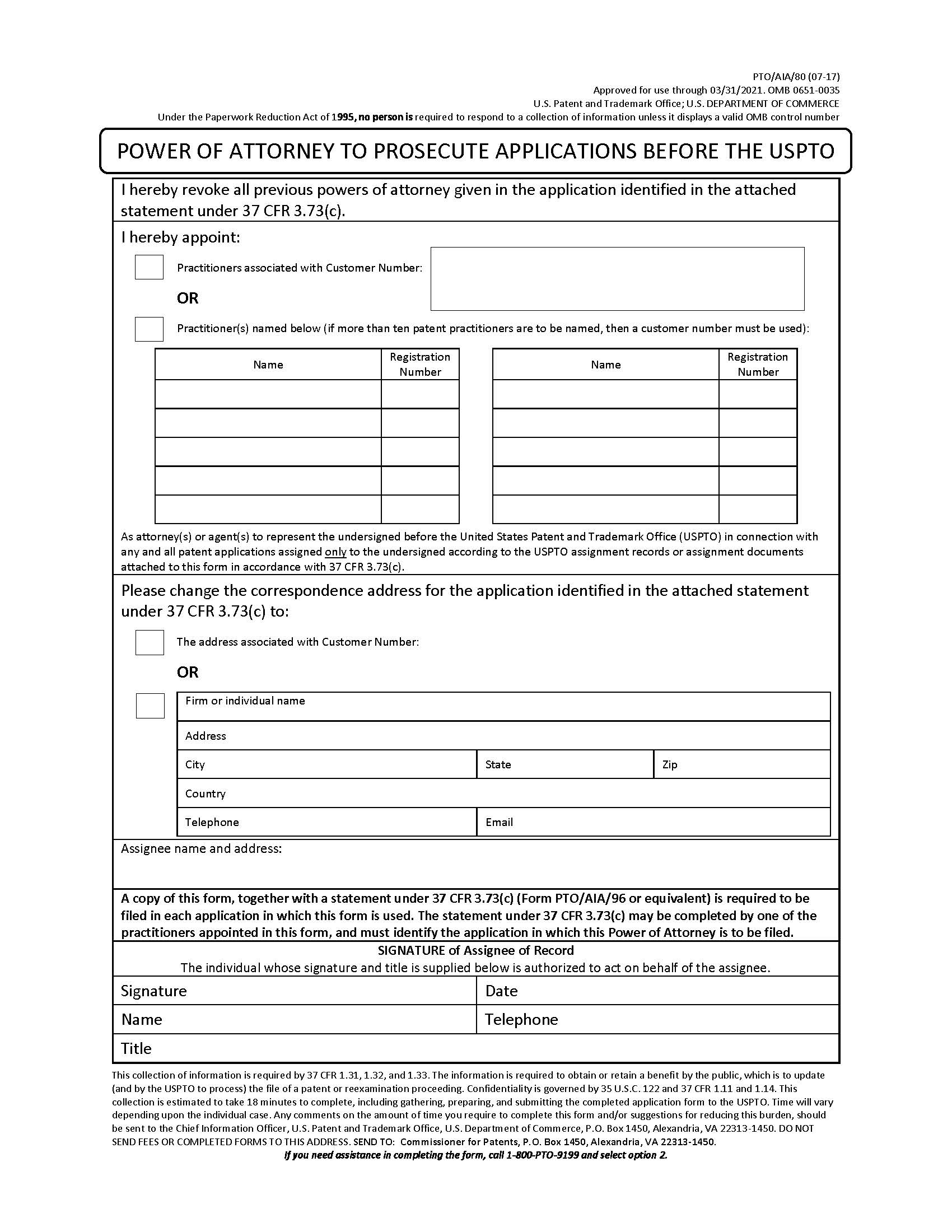 Power Of Attorney To Prosecute Applications Before The USPTO {PTO-AIA-80} | Pdf Fpdf Docx | Official Federal Forms