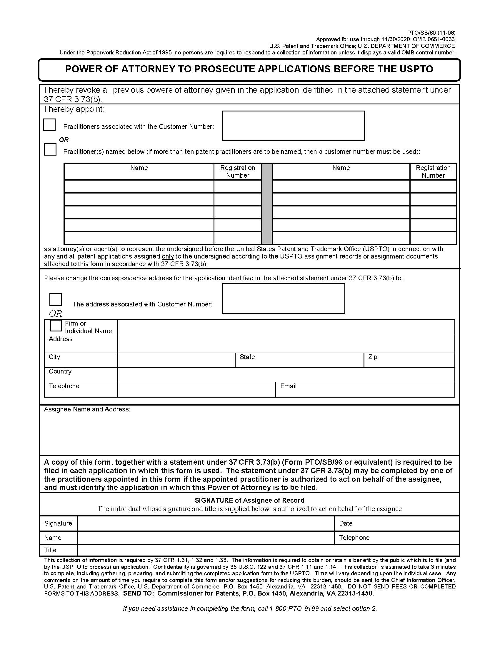 Power Of Attorney To Prosecute Applications Before The USPTO {PTO-SB-80} | Pdf Fpdf Doc Docx | Official Federal Forms