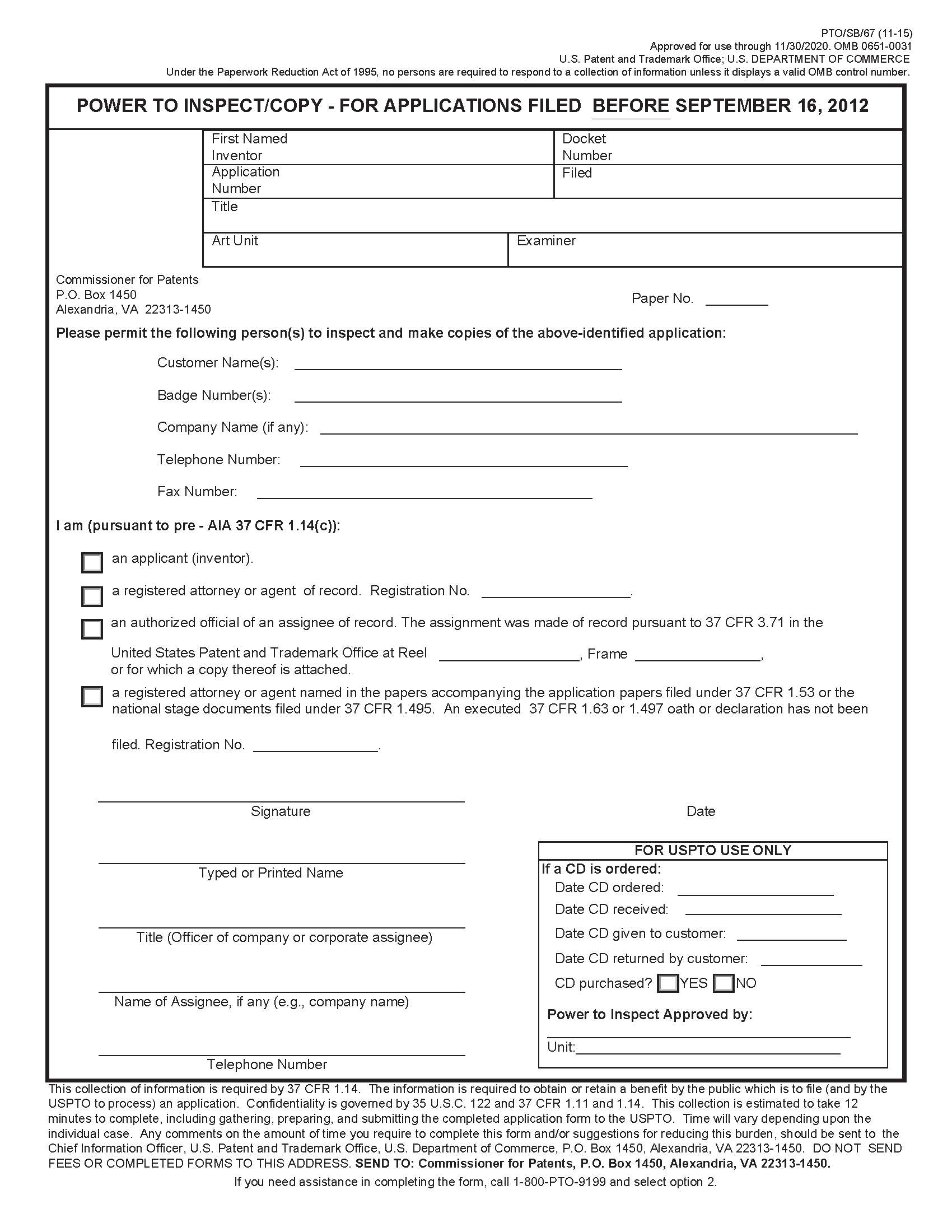 Power To Inspect-Copy (Filed Before 9-16-12) {PTO-SB-67} | Pdf Fpdf Doc Docx | Official Federal Forms