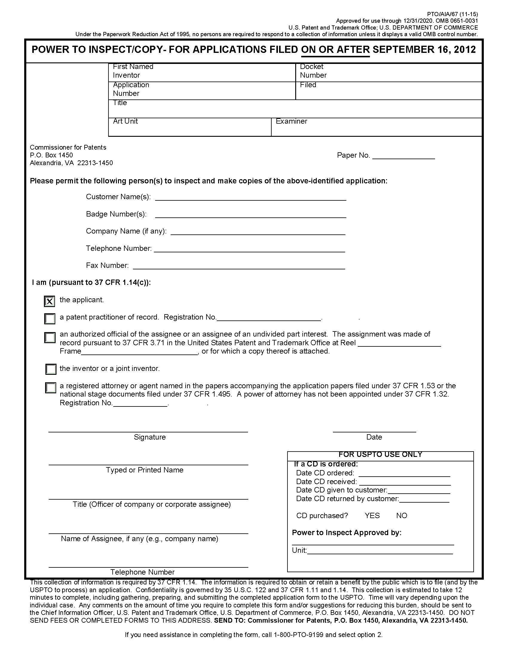 Power To Inspect-Copy (Filed On Or After 9-16-12) {PTO-AIA-67} | Pdf Fpdf Docx | Official Federal Forms