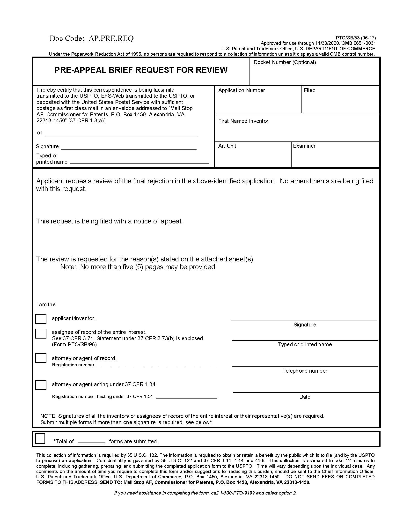 Pre-Appeal Brief Request For Review (Filed Before 9-16-12) {PTO-SB-33} | Pdf Fpdf Docx | Official Federal Forms