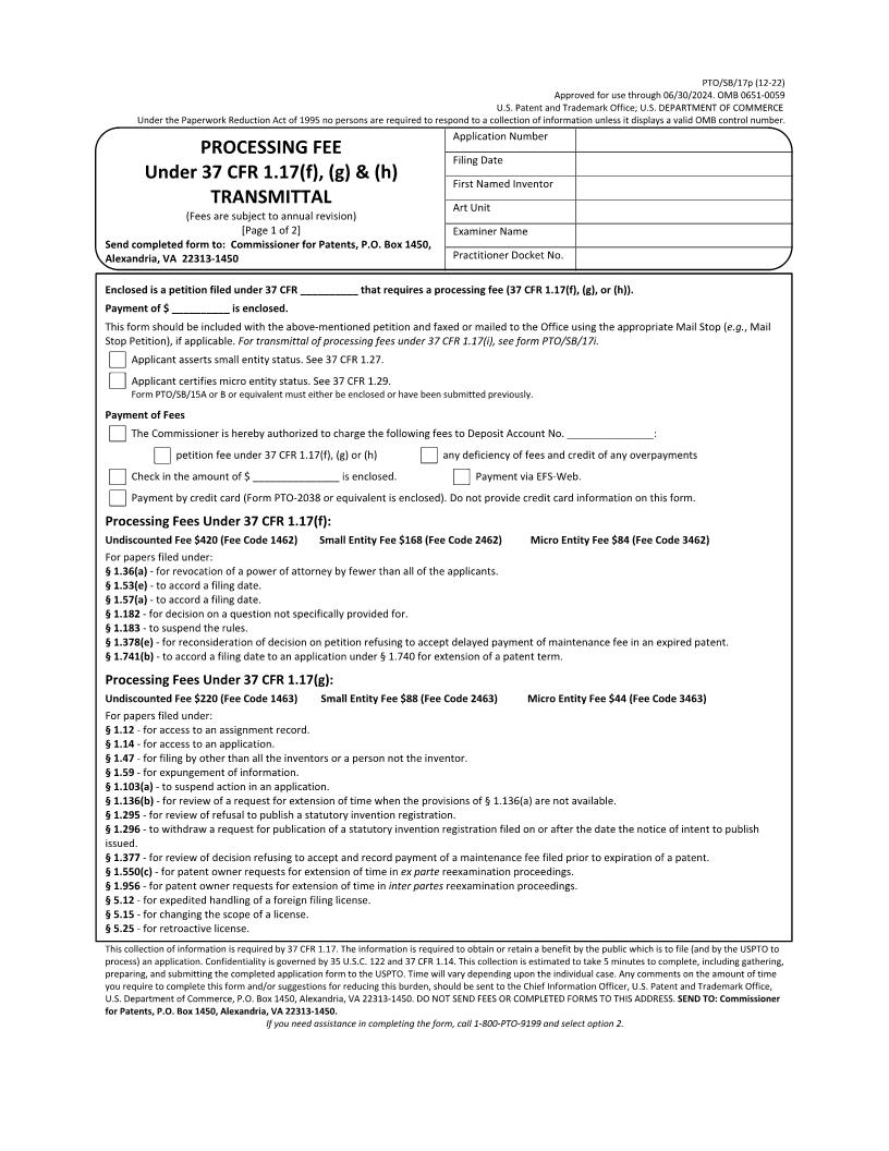 Processing Fee Under 37 CFR 1.17(f) (g) And (h) Transmittal {PTO-SB-17p} | Pdf Fpdf Docx | Official Federal Forms
