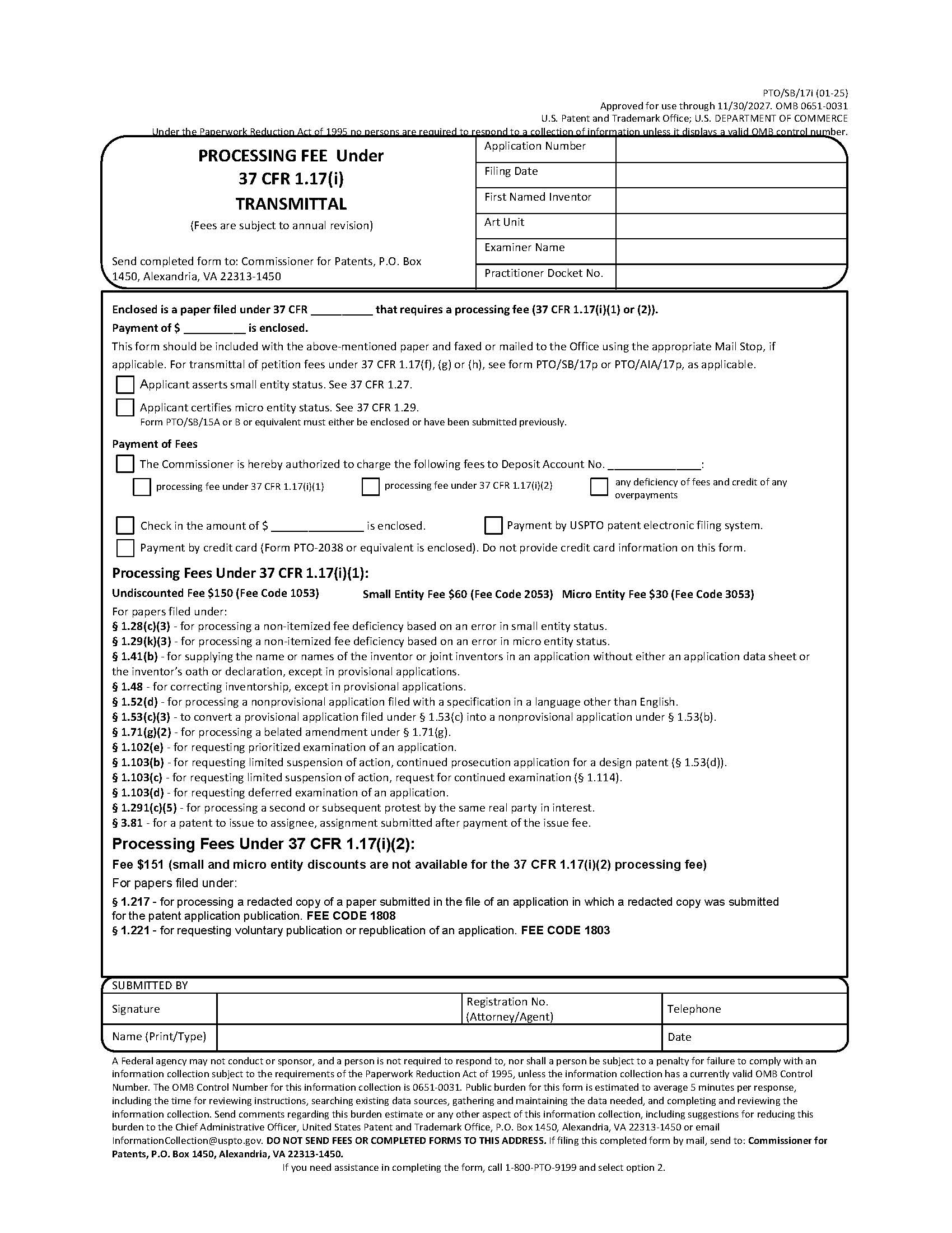 Processing Fee Under 37 CFR 1.17(i) Transmittal {PTO-SB-17i} | Pdf Fpdf Doc Docx | Official Federal Forms