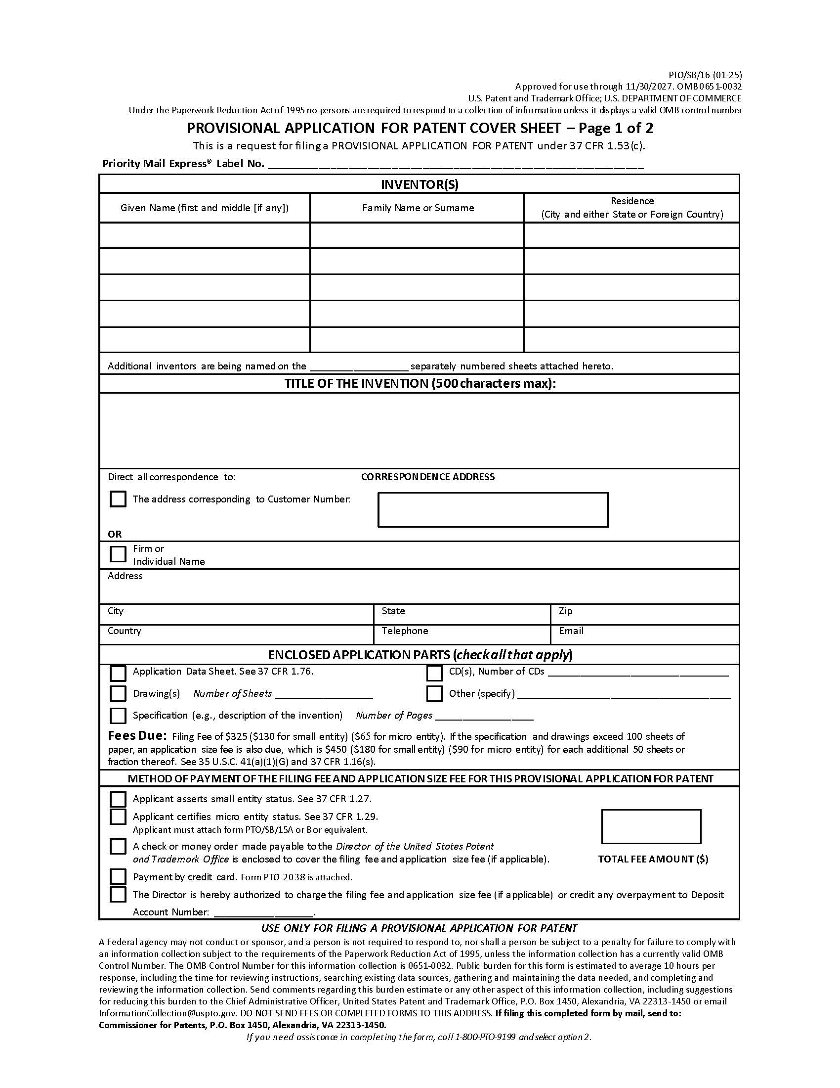 Provisional Application For Patent Cover Sheet {PTO-SB-16} | Pdf Fpdf Docx | Official Federal Forms