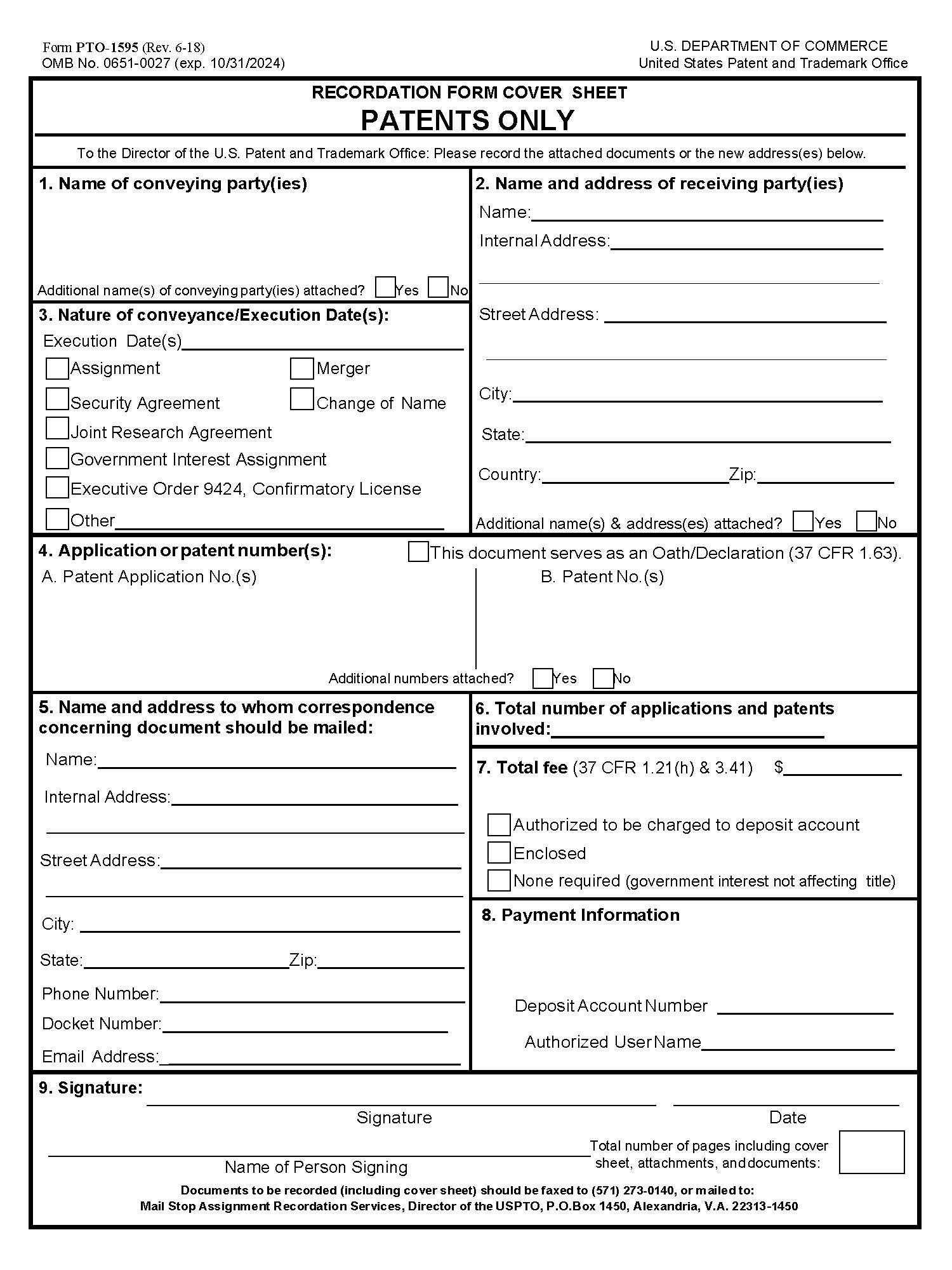 Recordation Form Cover Sheet Patents Only {PTO-1595} | Pdf Fpdf Docx | Official Federal Forms