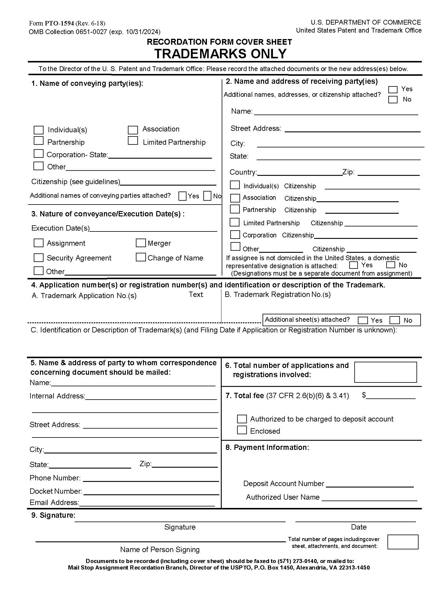 Recordation Form Cover Sheet Trademarks Only {PTO-1594} | Pdf Fpdf Docx | Official Federal Forms