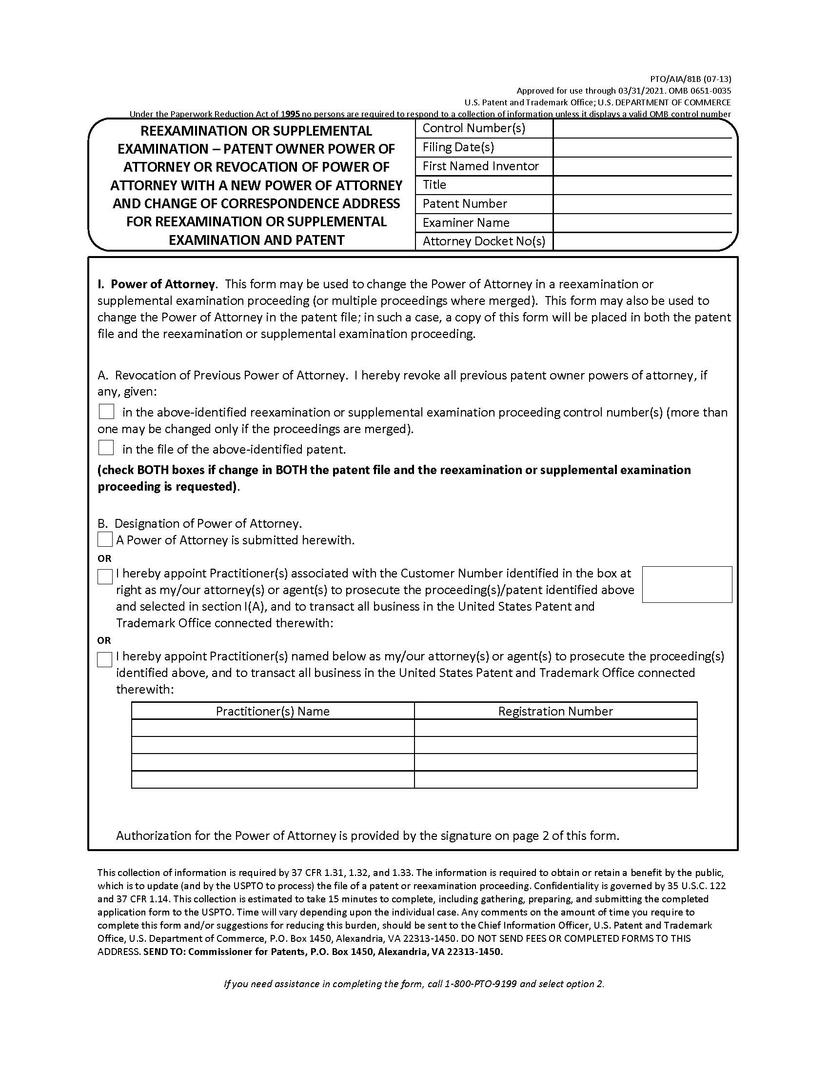 Reexamination Or Supplemental Examination-Patent Owner Power Of Attorney {PTO-AIA-81B} | Pdf Fpdf Docx | Official Federal Forms