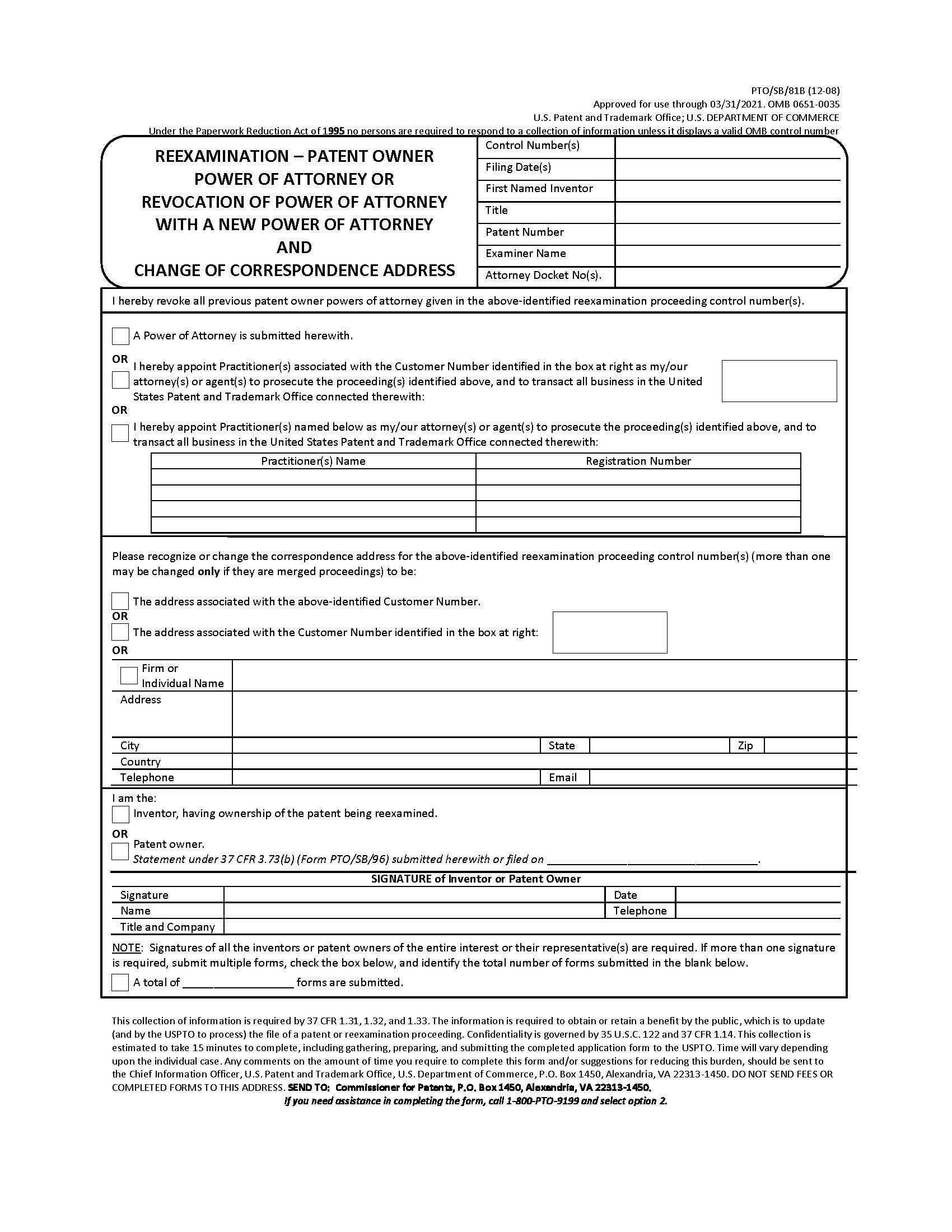 Reexamination-Patent Owner Power Of Attorney Or Revocation {PTO-SB-81B} | Pdf Fpdf Doc Docx | Official Federal Forms
