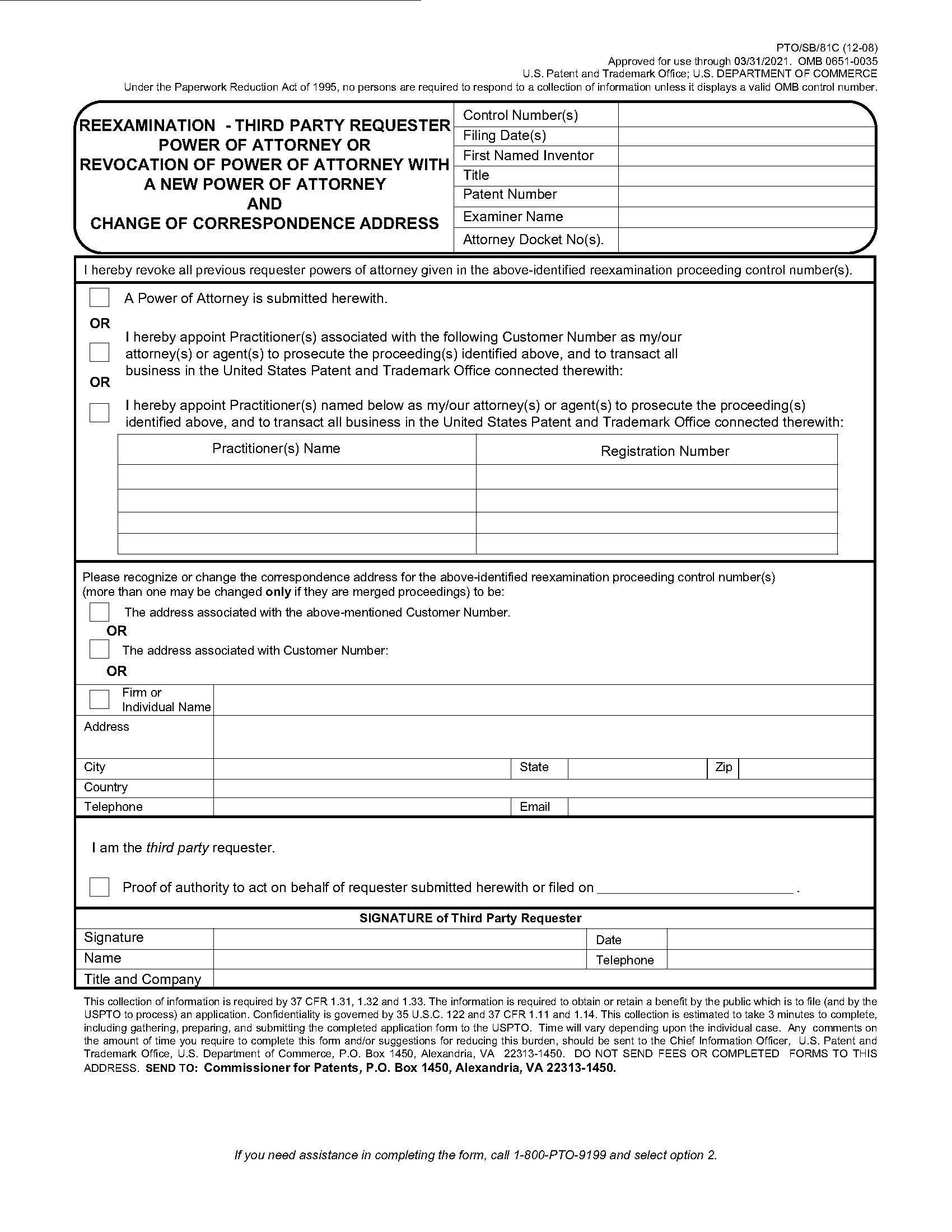 Reexamination-Third Party Requester Power Of Attorney Or Revocation {PTO-SB-81C} | Pdf Fpdf Docx | Official Federal Forms