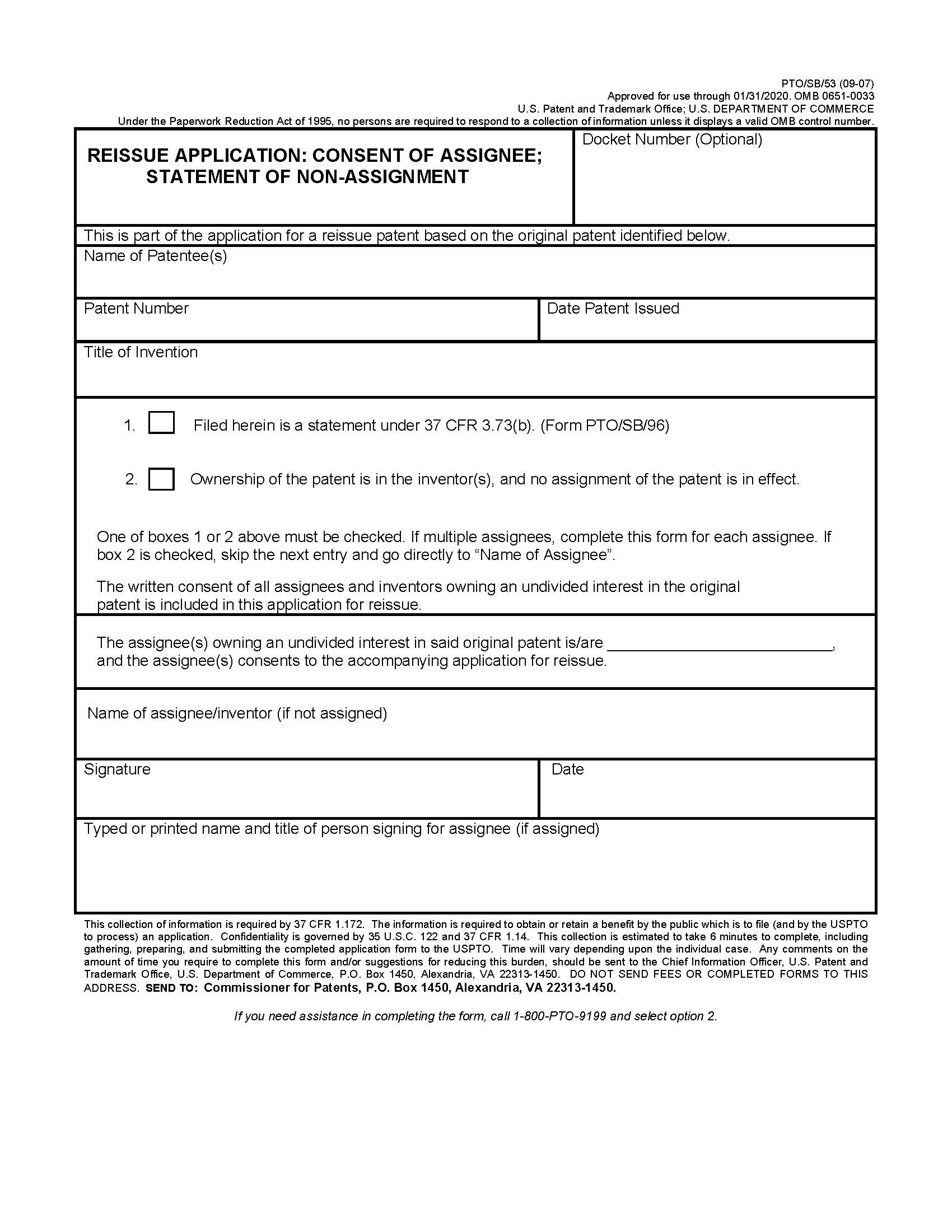 Reissue Application Consent Of Asignee Statement Of Non Assignment {PTO-SB-53} | Pdf Fpdf Doc Docx | Official Federal Forms