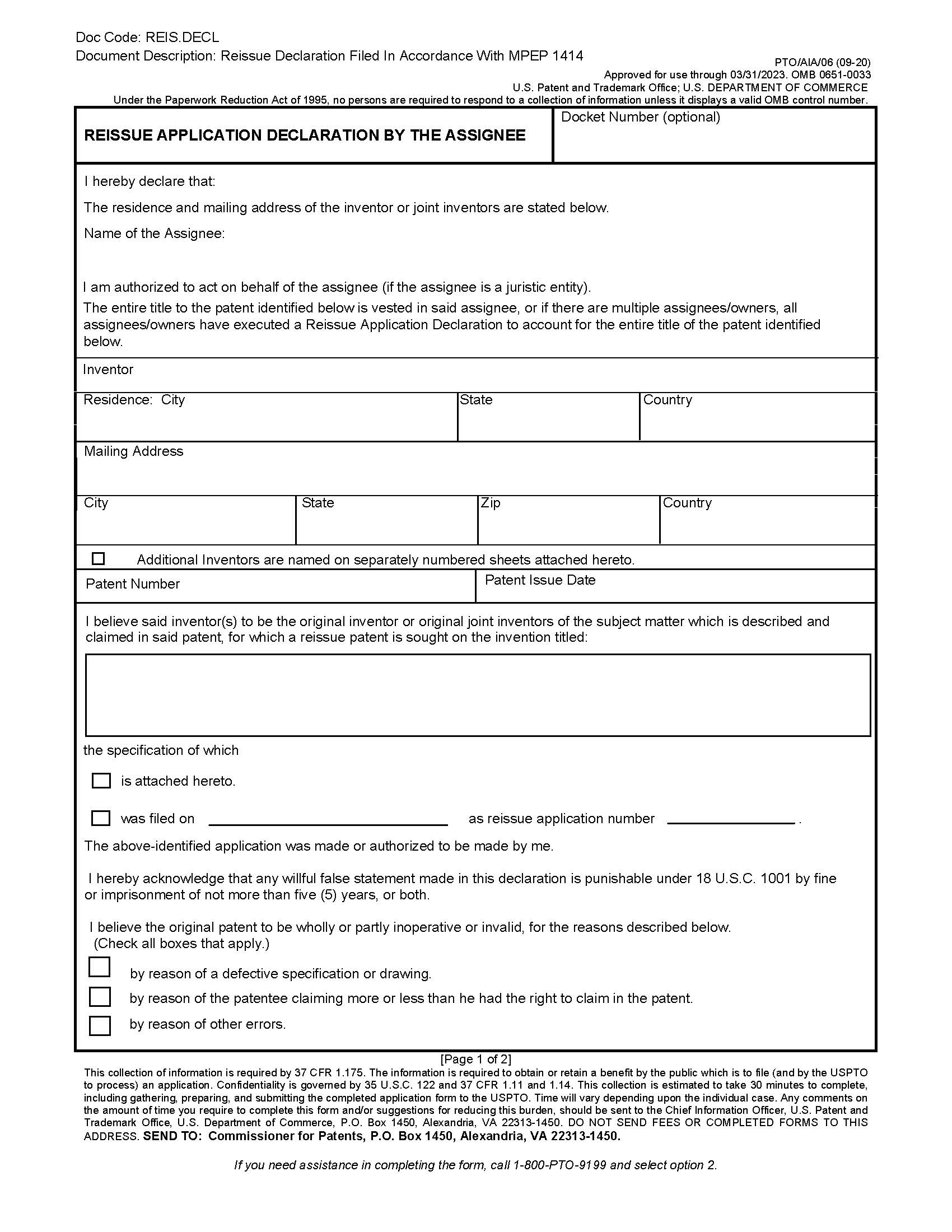 Reissue Application Declaration By The Assignee {PTO-AIA-06} | Pdf Fpdf Doc Docx | Official Federal Forms